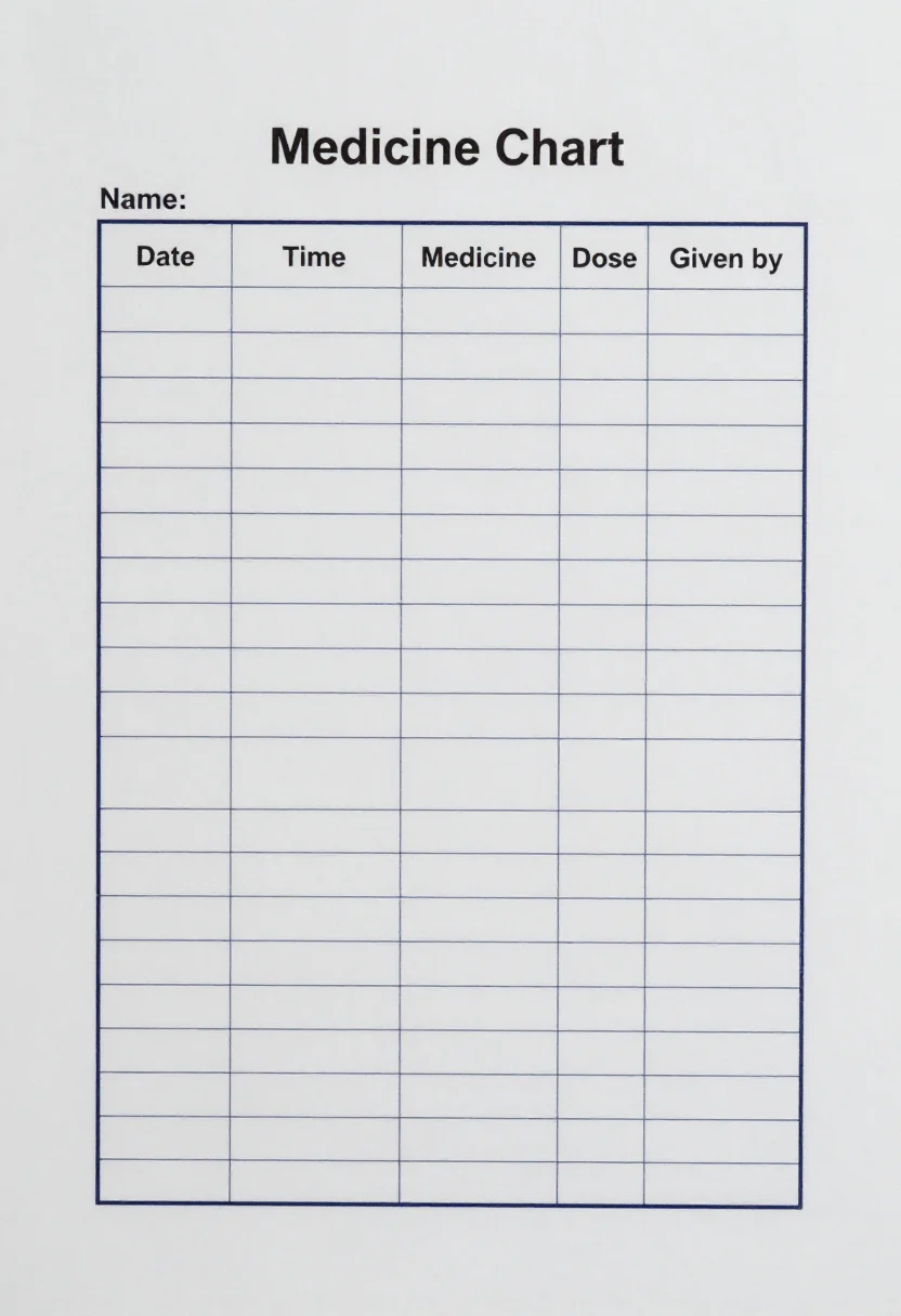 Medicine charts — a log titled "Medicine Chart" with a "Name:" line and columns "Date", "Time", "Medicine", "Dose" and "Given by", twelve empty ruled rows, a clean clinical printable page, thin even navy lines, a crisp sans-serif title and a spacious tidy layout