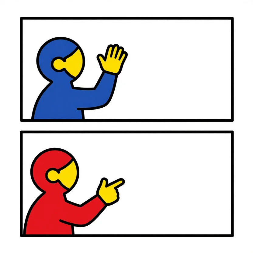 Meme templates — a two-panel format, the upper panel a figure recoiling with a raised palm from an empty caption box, the lower panel the same figure pointing approvingly at a second empty caption box, drawn as a flat cartoon with thick even outlines, bold unshaded colour and deliberately simple shapes
