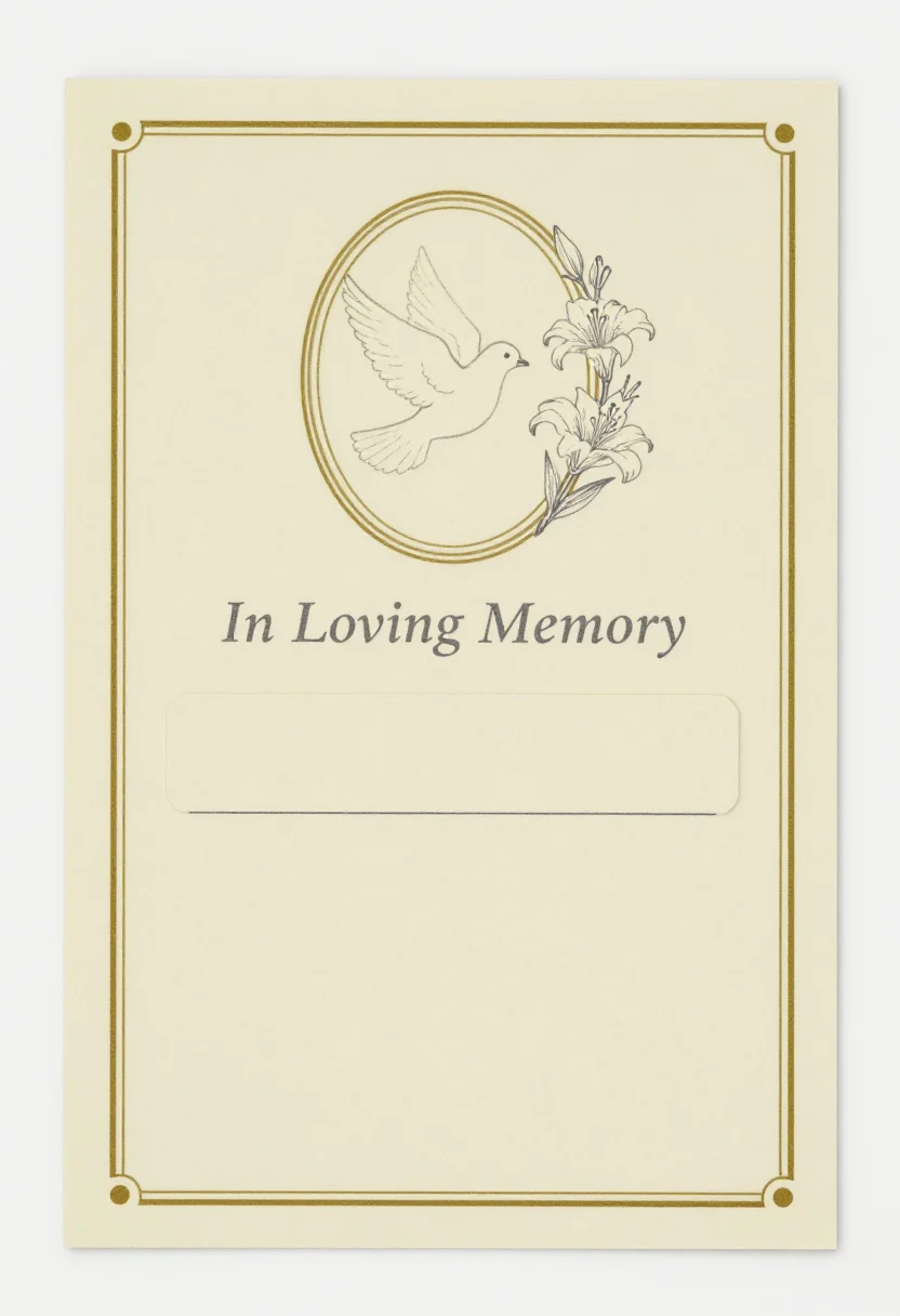 Memorial cards — a small prayer card with an empty portrait oval at the centre, a dove and a sprig of lilies drawn beside it, a blank name band beneath and two blank date lines under that, a classic treatment with a slim double rule around the piece, small ornaments at the corners and the words set in a restrained serif