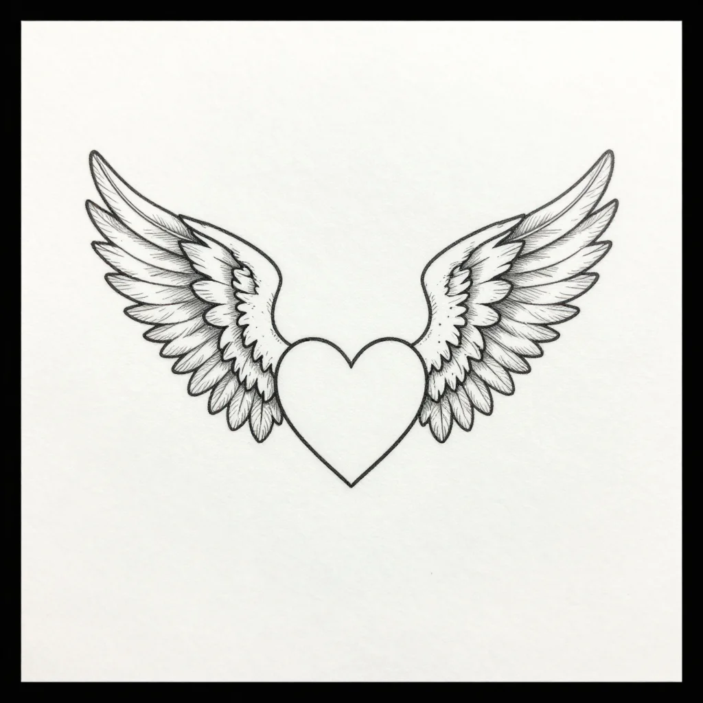 Memorial tattoos — a pair of feathered angel wings spreading from a small outline heart, the heart left empty for initials, a fine-line tattoo drawing, single-needle hairline strokes of even thin weight, delicate and light, no shading