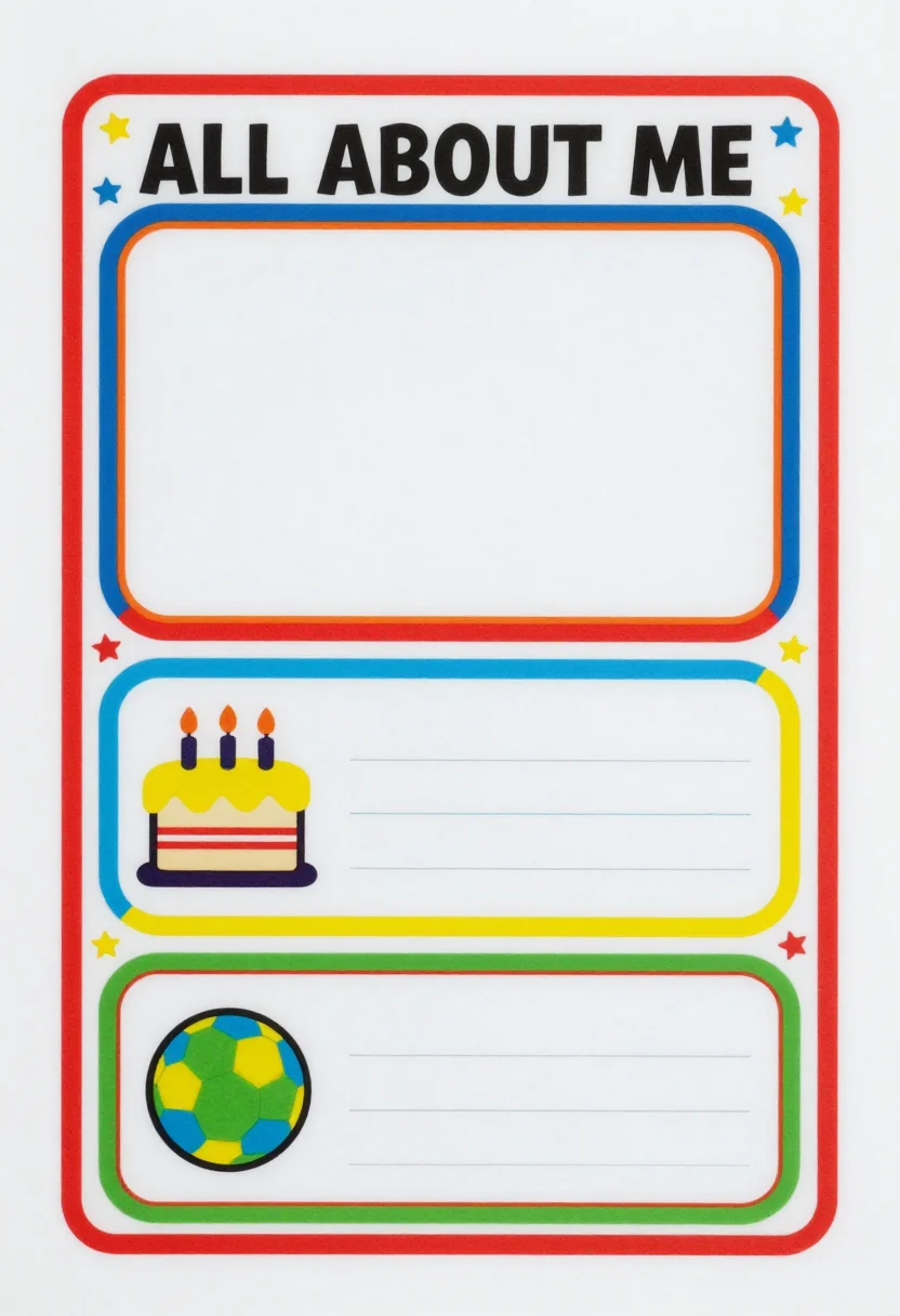 Memory book pages — a page headed "ALL ABOUT ME" with a large empty portrait frame under the header band and three drawn prompts below it — a birthday cake, a book, a ball — each beside an empty ruled line, inside a border of small stars, drawn in bright flat classroom colours with chunky rounded frames, a thick banner header and heavy outlines of even weight