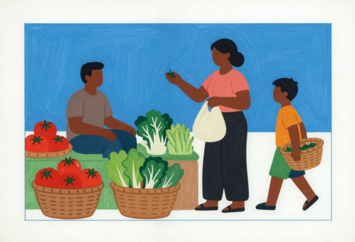 Memory drawings — a vegetable market, a vendor seated behind baskets of tomatoes and greens, a woman choosing vegetables with a cloth bag and a boy carrying a basket, painted in poster colors with flat even fills and neat dark outlines around every figure and object, a finished exam sheet
