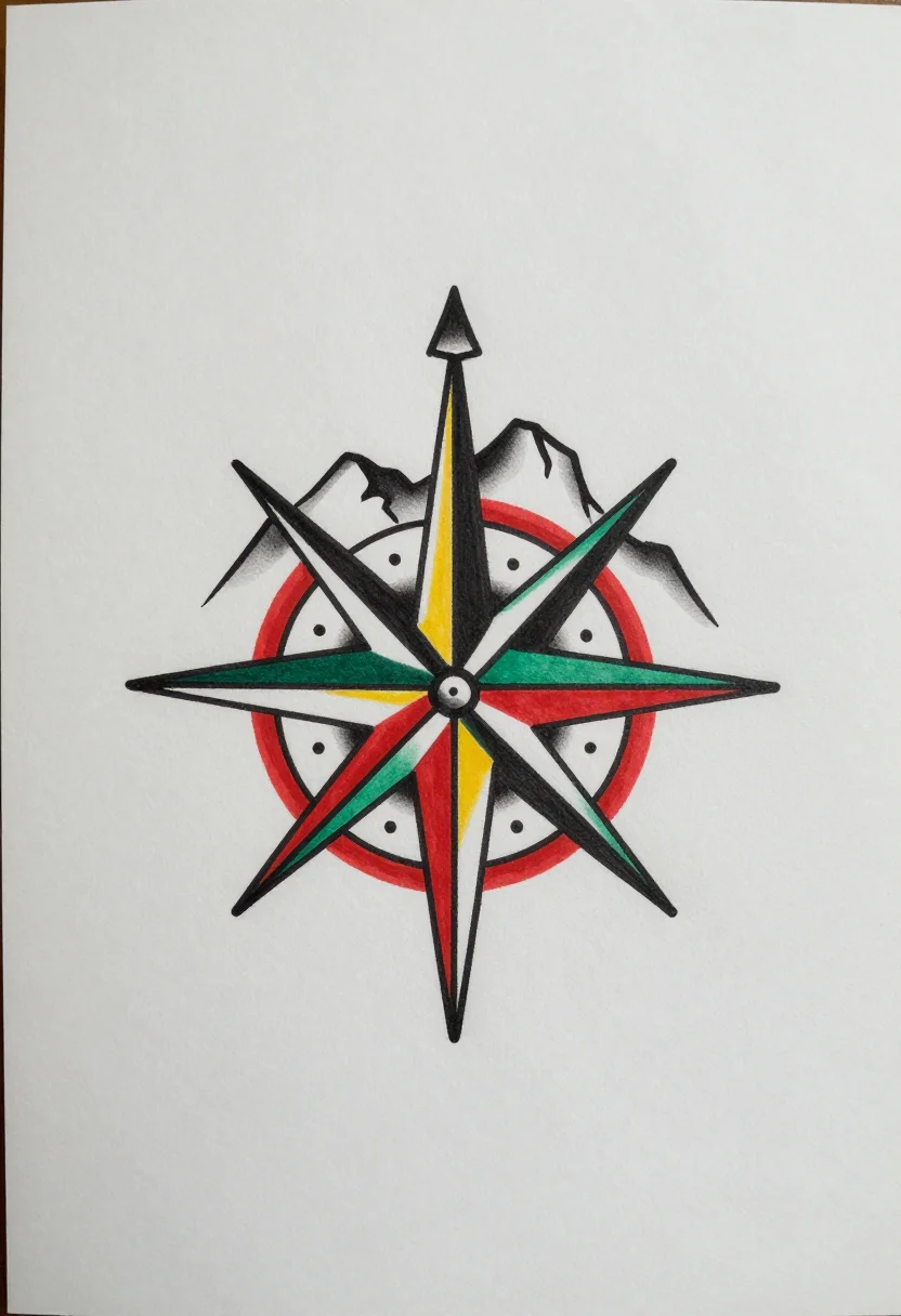 Men's tattoos — a compass rose over a line of mountain peaks, the north needle pointing up, sized for a forearm, American traditional tattoo flash, bold black outlines, limited flat palette of red, yellow, green and black, heavy black shading