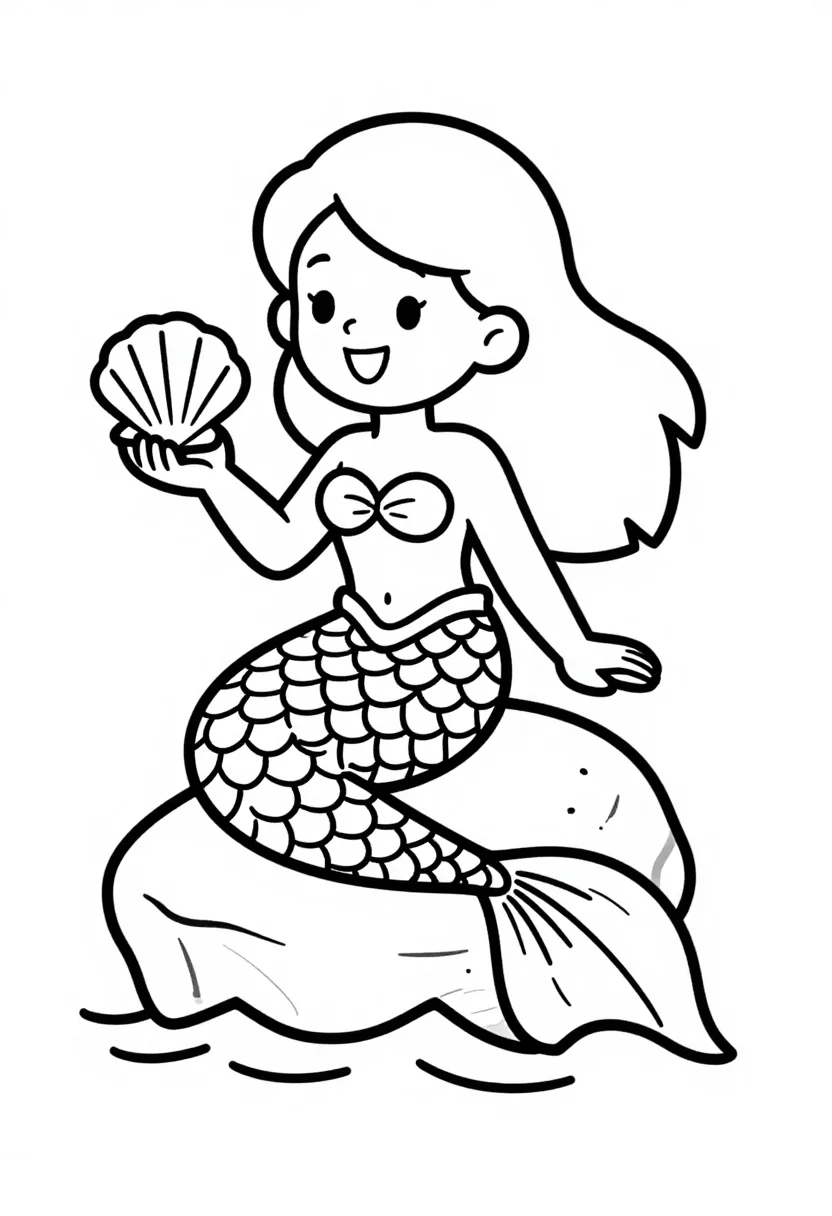 Mermaid coloring pages — a mermaid sitting on a rock above the waves, long wavy hair, a scaled tail curled around her and a shell in her hand, bold uniform black outlines, simplified rounded shapes and large open areas a young child can color inside