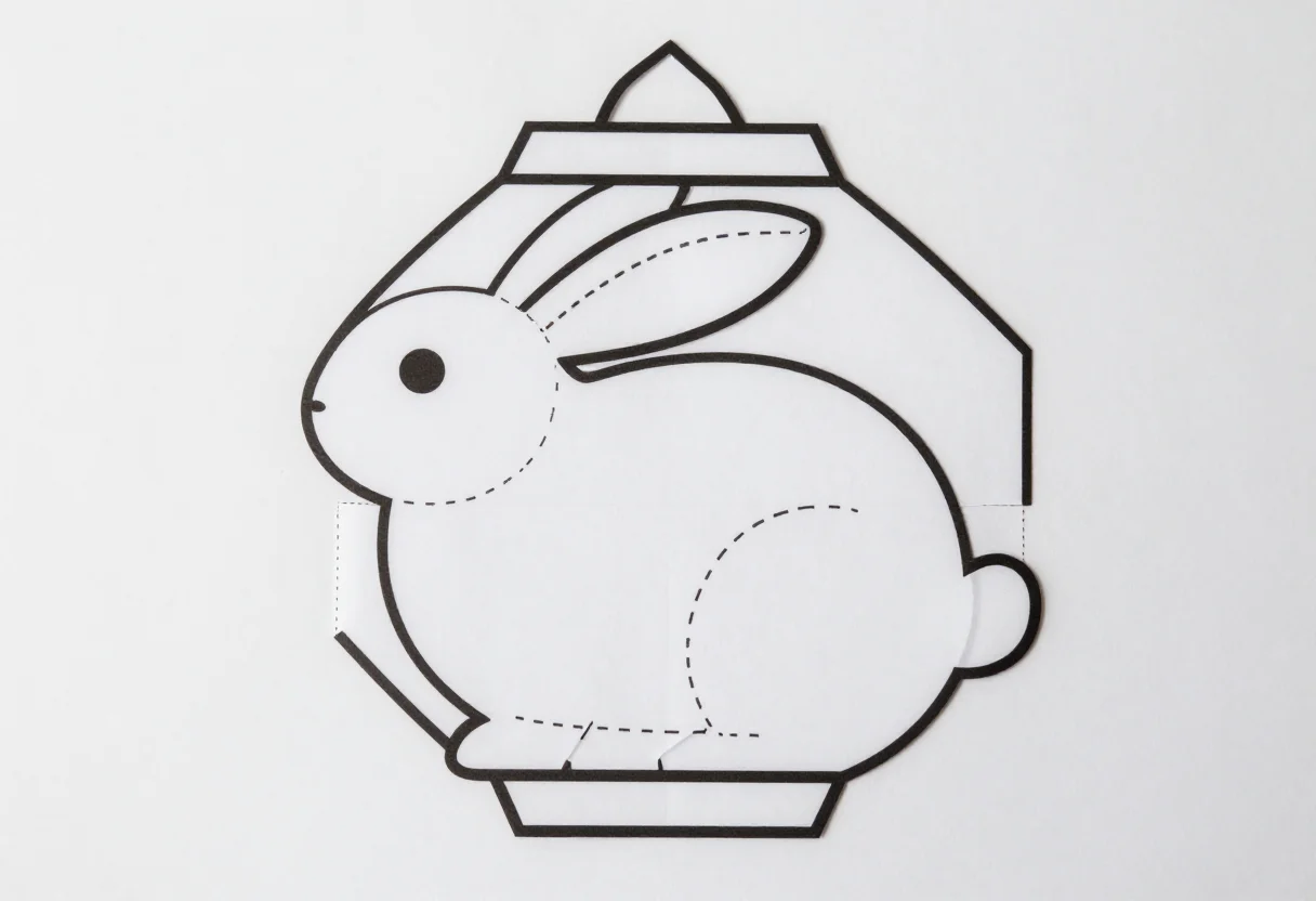 Mid-Autumn lantern templates — the flat pieces of a jade rabbit lantern, the rabbit body with ears and tail, a base strip and a handle strip, solid cut lines and dashed fold lines, tabs marked for glue, drawn as a few large clean shapes in one bold uniform black line, wide open areas to color for a young child