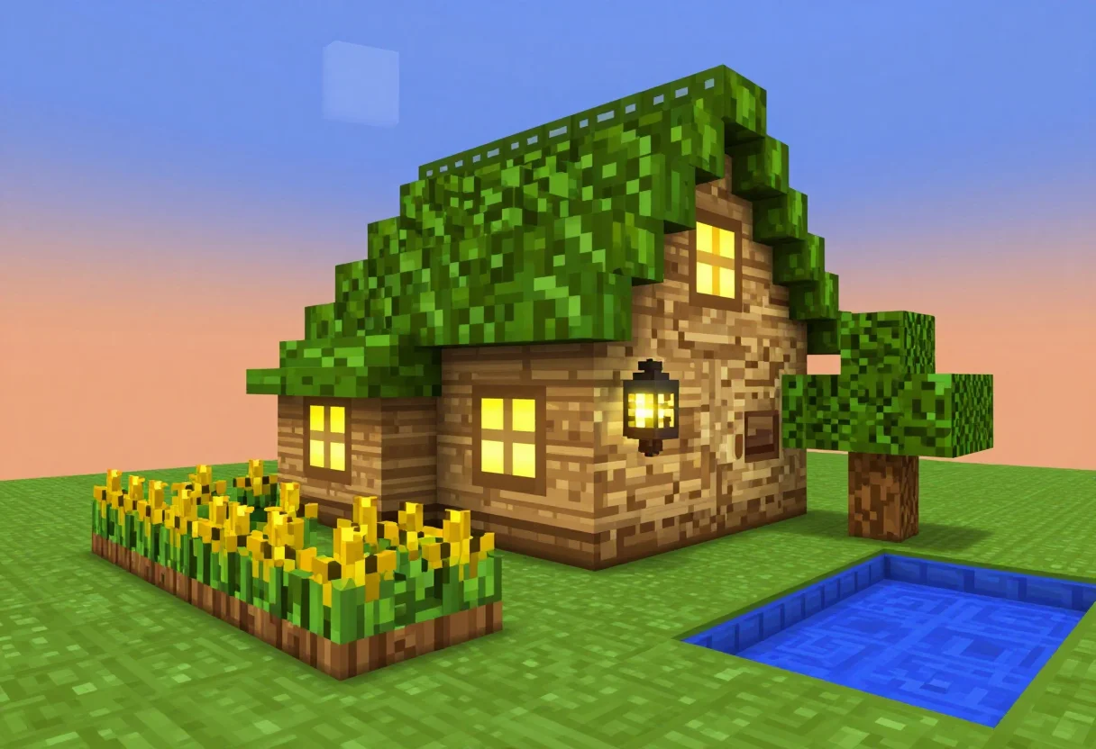 Minecraft art — A blocky cottage built of oak planks and cobblestone with a spruce roof and glowing windows at dusk, a lantern on a post, a small fenced garden of wheat and carrots, a cubic tree and a pond of square water tiles, the sun a flat square on the horizon., blocky voxel render, flat block textures, hard cubic shadows, saturated colour