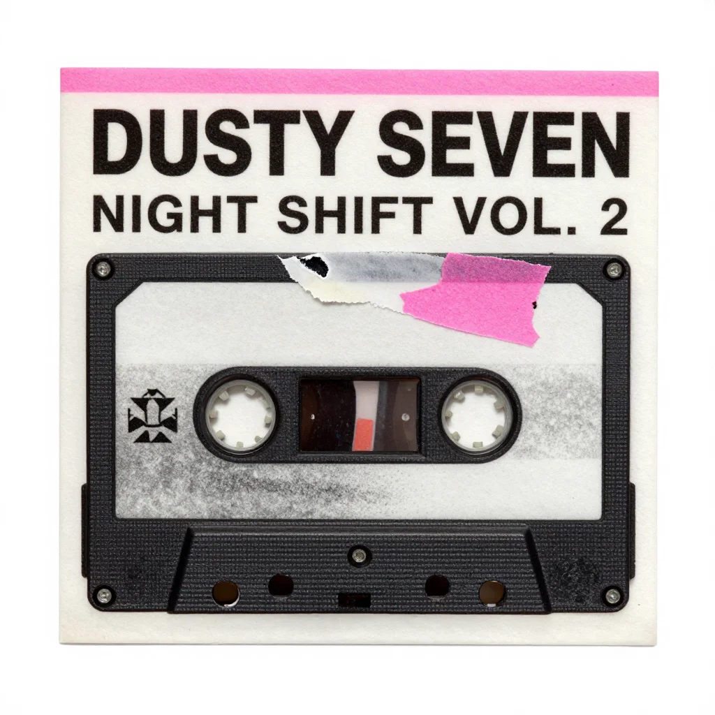 Mixtape covers — the invented artist name "DUSTY SEVEN" across the top and the title "NIGHT SHIFT VOL. 2" beneath it, with one cassette tape as the only image, cut and pasted as a photocopied collage, a torn label taped crooked over the artwork and every edge blown out to hard black grain by a tired copier