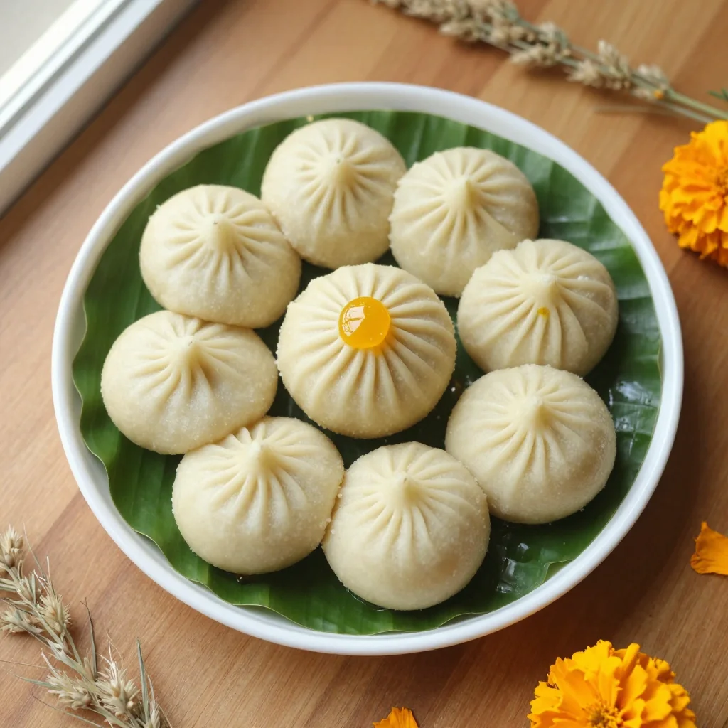 Modak designs — steamed rice-flour ukadiche modak with fine pinched pleats meeting at a peak, a drop of ghee on top, on a banana leaf, shot from directly above as a flat lay, soft window daylight from camera-left, gentle shadows to the right, a bright clean balance