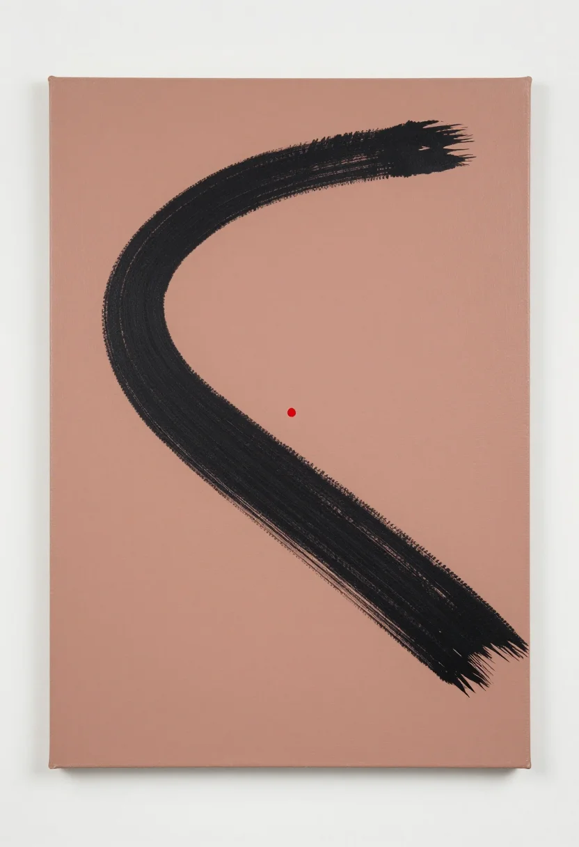 Modern prints — one wide black stroke sweeping across an otherwise empty field, its bristles breaking into dry gaps where it lifts, with a single small red dot set off-centre, painted in acrylic on canvas, the brush left visible inside every fill, matte surface with the canvas weave showing at the edges