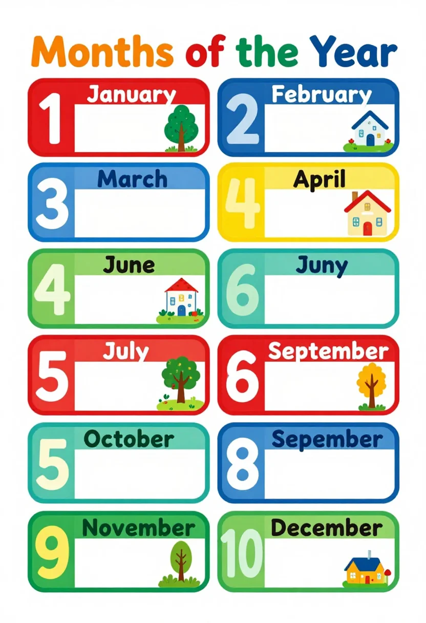 Months of the year charts — a chart headed "Months of the Year" with twelve boxes in a 3 by 4 grid, numbered 1 to 12 and lettered "January", "February", "March", "April", "May", "June", "July", "August", "September", "October", "November" and "December", each with a small seasonal picture, bright flat classroom design, bold primary colours, rounded boxes, clean vector illustrations
