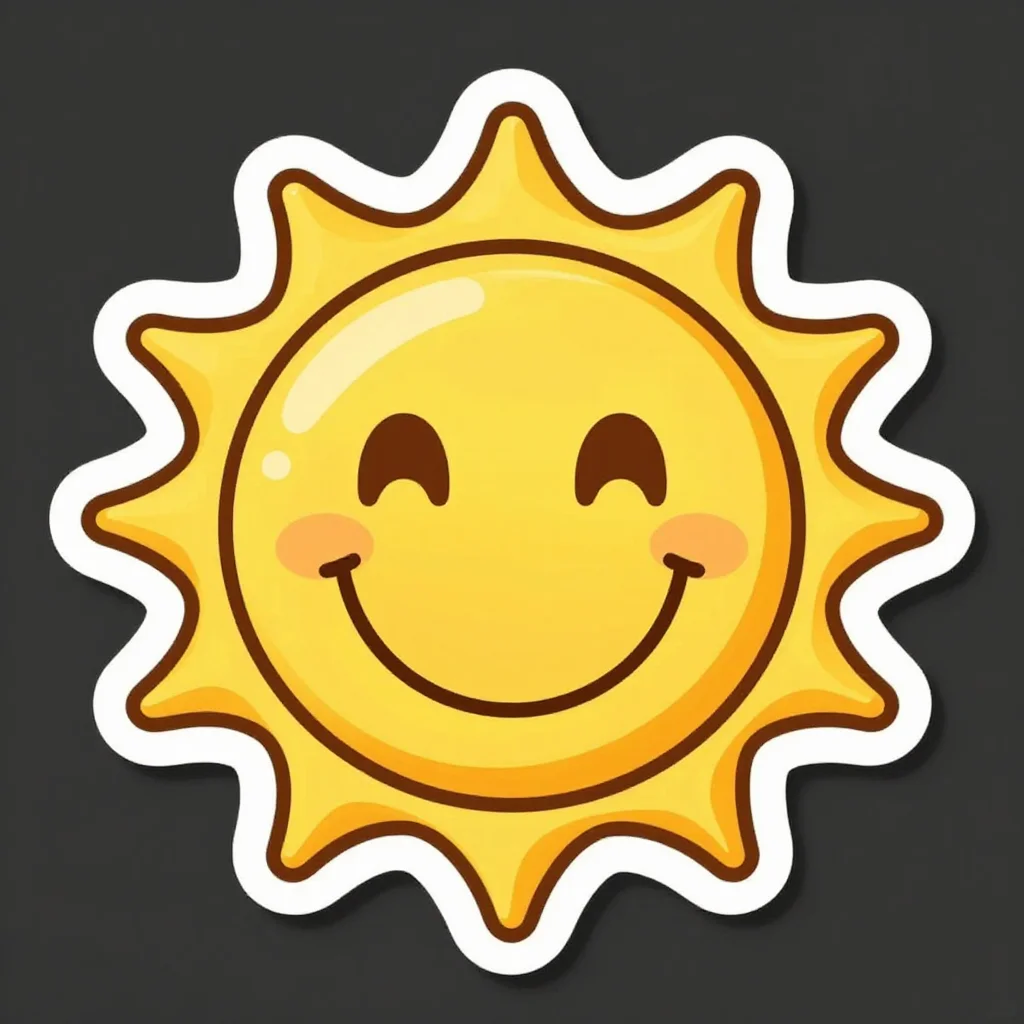 Mood stickers — a round sun face with a wide smile, messaging-app sticker, expressive cartoon, thick outline, bold flat colour
