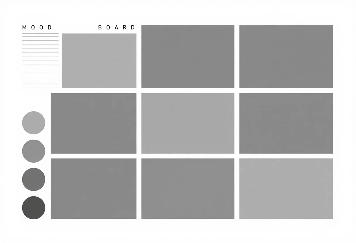 Moodboard templates — a fashion-editorial board of eight empty image rectangles in mixed proportions, five swatch circles along the foot and a ruled line left clear for a font sample, a spare editorial treatment with hairline rules, wide gutters and a small title block in thin spaced capitals