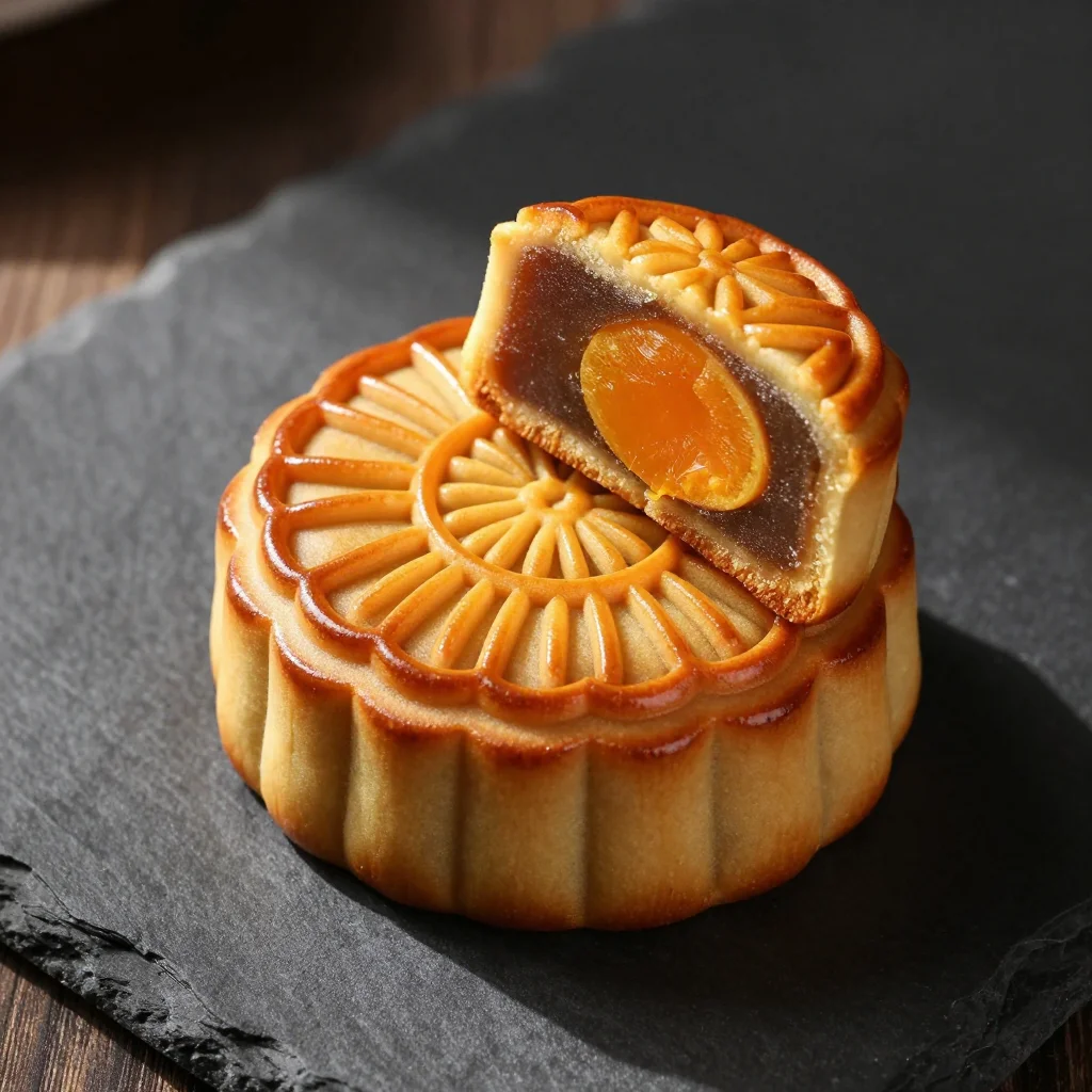 Mooncake designs — a baked Cantonese mooncake with a glossy golden-brown crust, its top pressed with a fluted border and a central round seal of chrysanthemum petals, one cut in half to show lotus seed paste and a salted egg yolk, set on a dark slate board, soft daylight from camera-left raking low across the tops so every pressed line casts a fine shadow, a dark balance of deep shadow and warm highlight