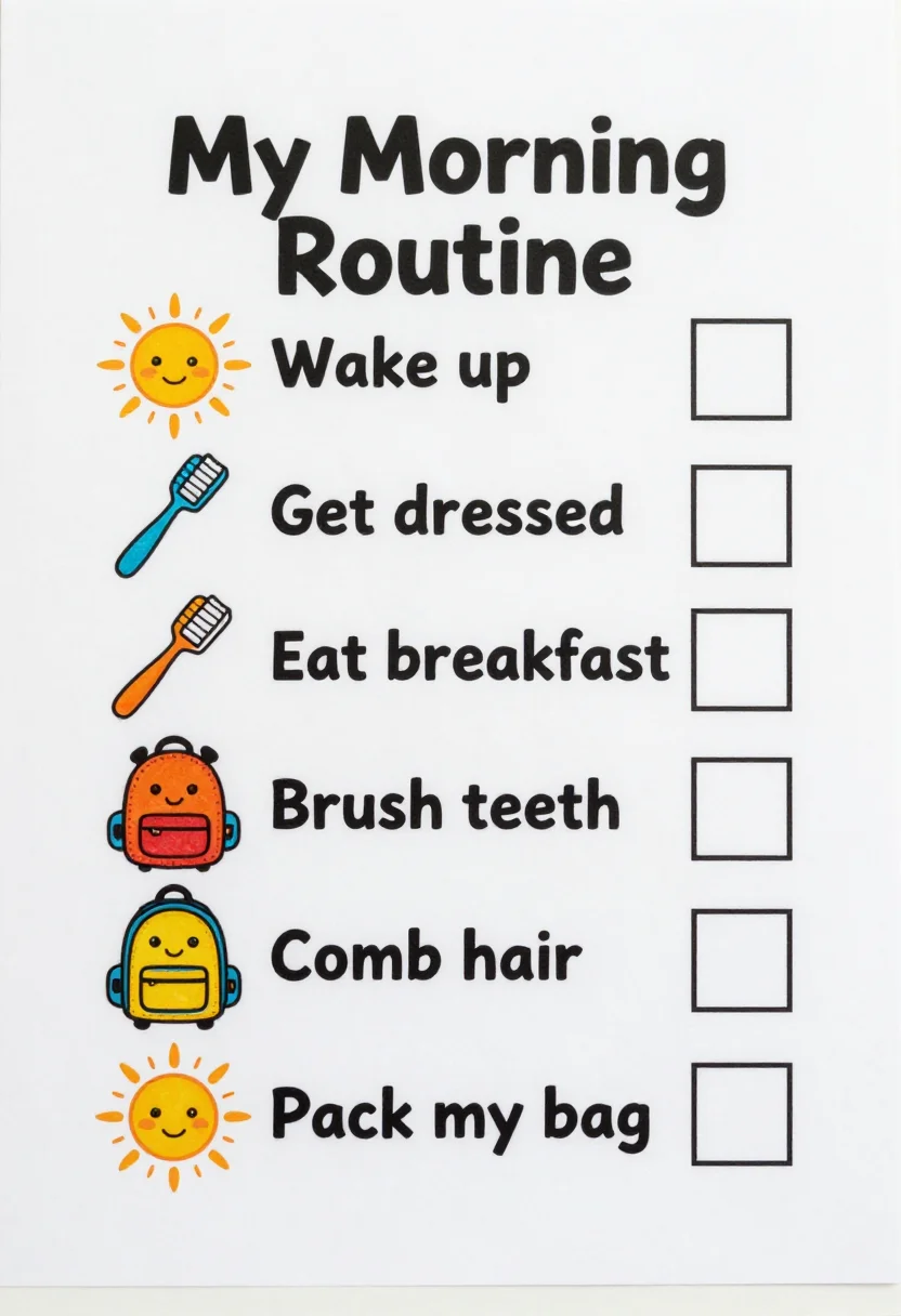 Morning routine charts — a vertical checklist titled "My Morning Routine" with an object icon and an empty tick box beside "Wake up", "Get dressed", "Eat breakfast", "Brush teeth", "Comb hair" and "Pack my bag", cheerful hand-drawn children's illustration with chunky crayon outlines, rounded shapes and friendly sun, toothbrush and backpack icons