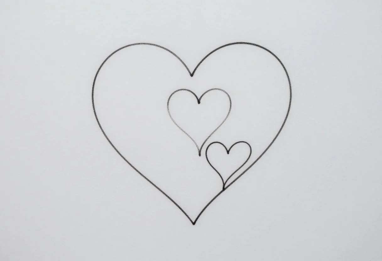 Mother daughter tattoos — a large heart and a small heart drawn with one continuous line that loops from one into the other, a fine-line tattoo drawing, single-needle hairline strokes of even thin weight, delicate and light, no shading