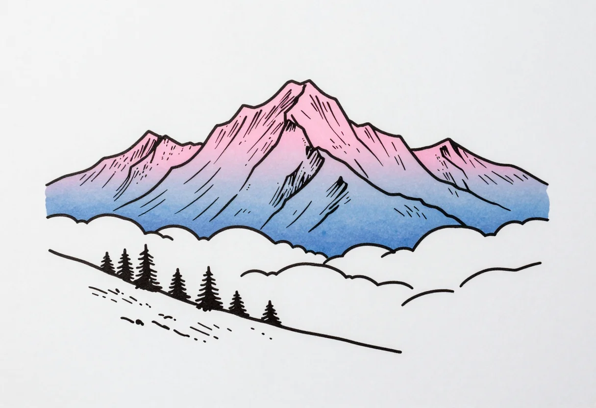 Mountains — a jagged mountain ridge at sunrise, the peaks catching pink light while the valleys stay in blue shadow, a sea of cloud below and a few pines on the near slope, drawn as one continuous unbroken line of even weight, the whole scene described in a single stroke with no fill and no shading