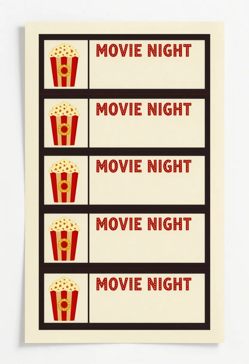 Movie night tickets — a sheet of six cinema tickets with a popcorn bucket on each, "MOVIE NIGHT" across the top and blank fields for film, time and seat, a retro cinema ticket print with a film-strip edge and bold marquee capitals