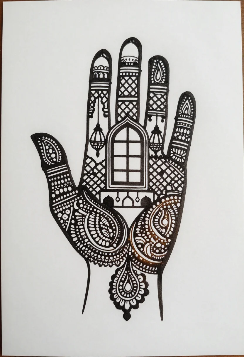 Mughal mehndi — a jharokha arched window on the palm with hanging lamps and a latticed screen, fine paisleys filling the fingers, bold black outlines with large domes, arches and solid-filled shapes