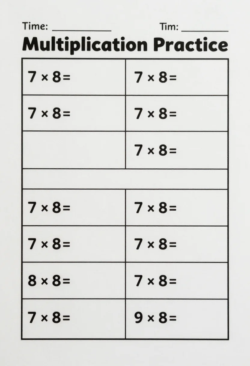Multiplication worksheets — a worksheet headed "Multiplication Practice" with a "Time:" box in the corner and forty single-digit facts such as "7 × 8 =" in a neat grid, every answer space empty, a clean school photocopy sheet, crisp black lines, a simple bold sans-serif heading, tidy even rows and nothing decorative