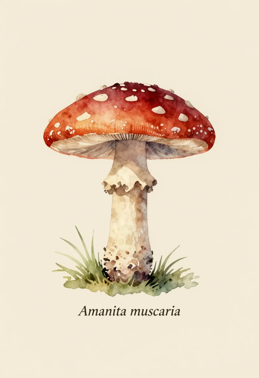 Mushroom prints — a single fly agaric standing on its stem, the red cap flecked with white and the ring showing on the stalk, named "Amanita muscaria", a soft watercolor mycology study, transparent washes with a darker bloom settling at the cap edge and no outline anywhere