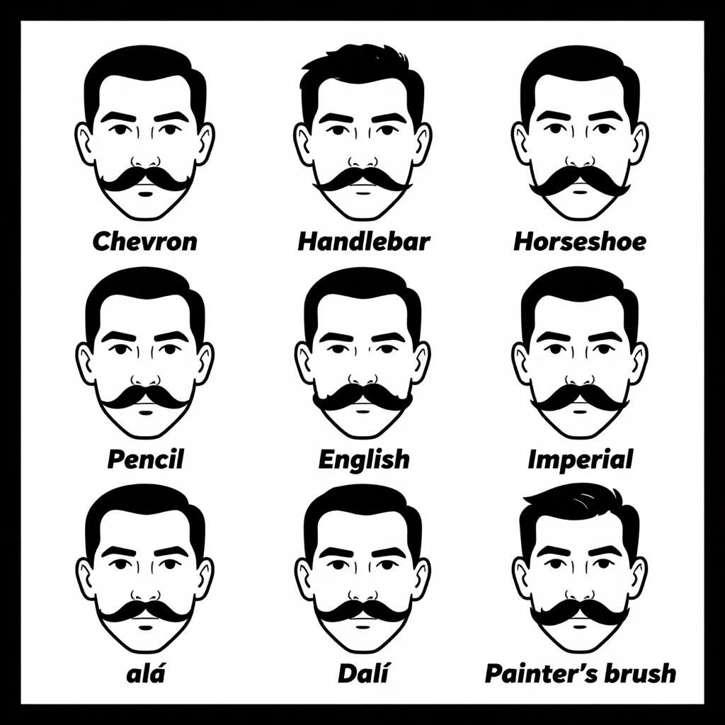 Mustache style charts — a grid of nine lower faces labelled "Chevron", "Handlebar", "Horseshoe", "Pencil", "Walrus", "English", "Imperial", "Dalí" and "Painter's brush", barber's chart line art with uniform black outlines and each moustache filled solid black