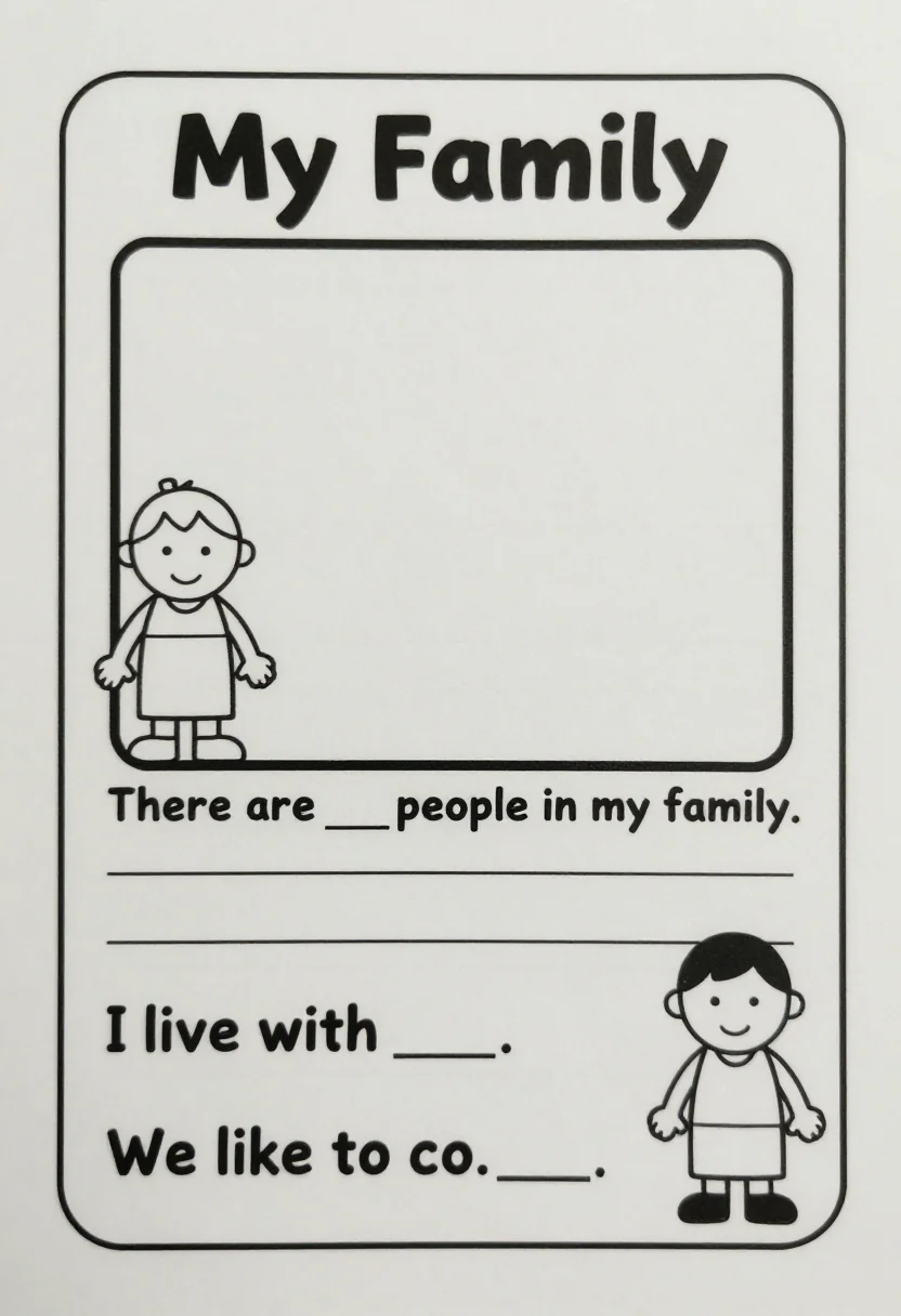 My family worksheets — a worksheet headed "My Family" with a large empty picture frame for the child's drawing, and below it three ruled lines, "There are ___ people in my family.", "I live with ___." and "We like to ___.", black-and-white cartoon clip art with clean bold outlines and open shapes ready to color in