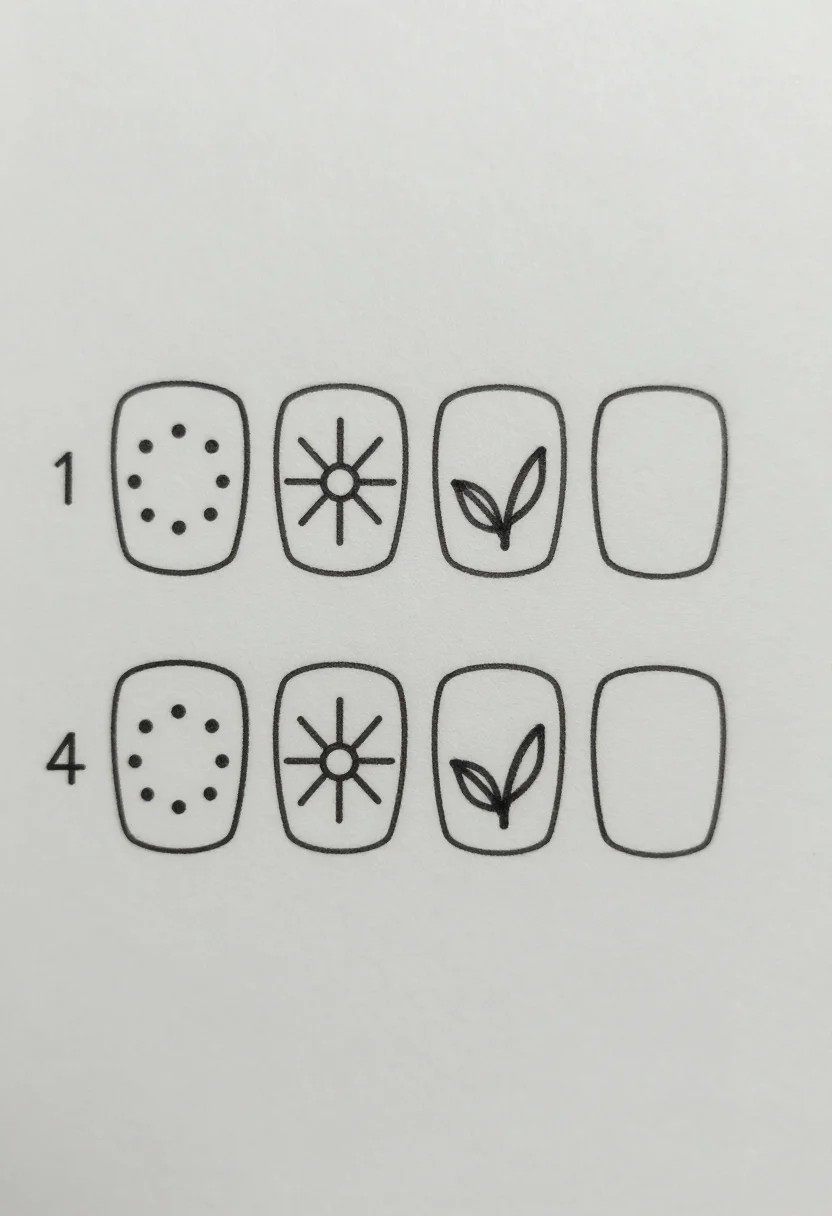 Nail art step sheets — a row of four nail outlines numbered "1" to "4": five dots in a circle, the dots dragged into petals, a centre dot, two small leaves, technical line art with uniform thin black outlines, each step drawn as a plain nail outline with the new stroke in bolder line