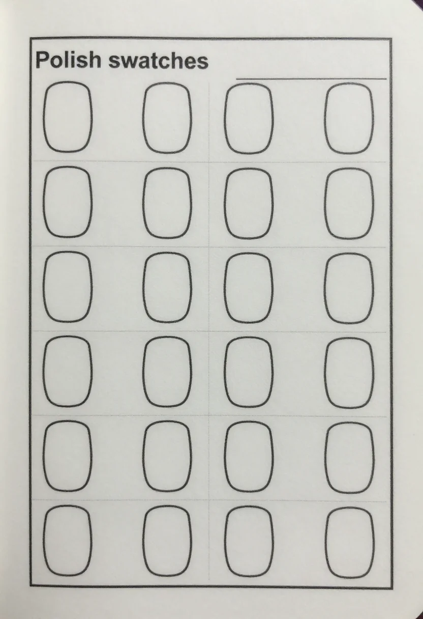 Nail polish swatch sheets — a page titled "Polish swatches" with a grid of twenty empty nail outlines, a short line under each for the name and the brand, uniform thin black outlines for the nails, the rules and the writing lines