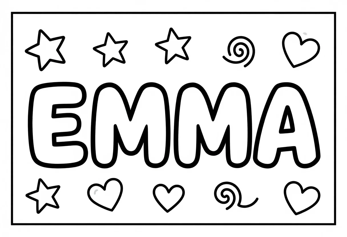 Name coloring pages — the name "EMMA" in fat bubble letters across the page, stars, hearts and swirls scattered around, thick black outline, very large open letters and a few big doodles, made for toddlers