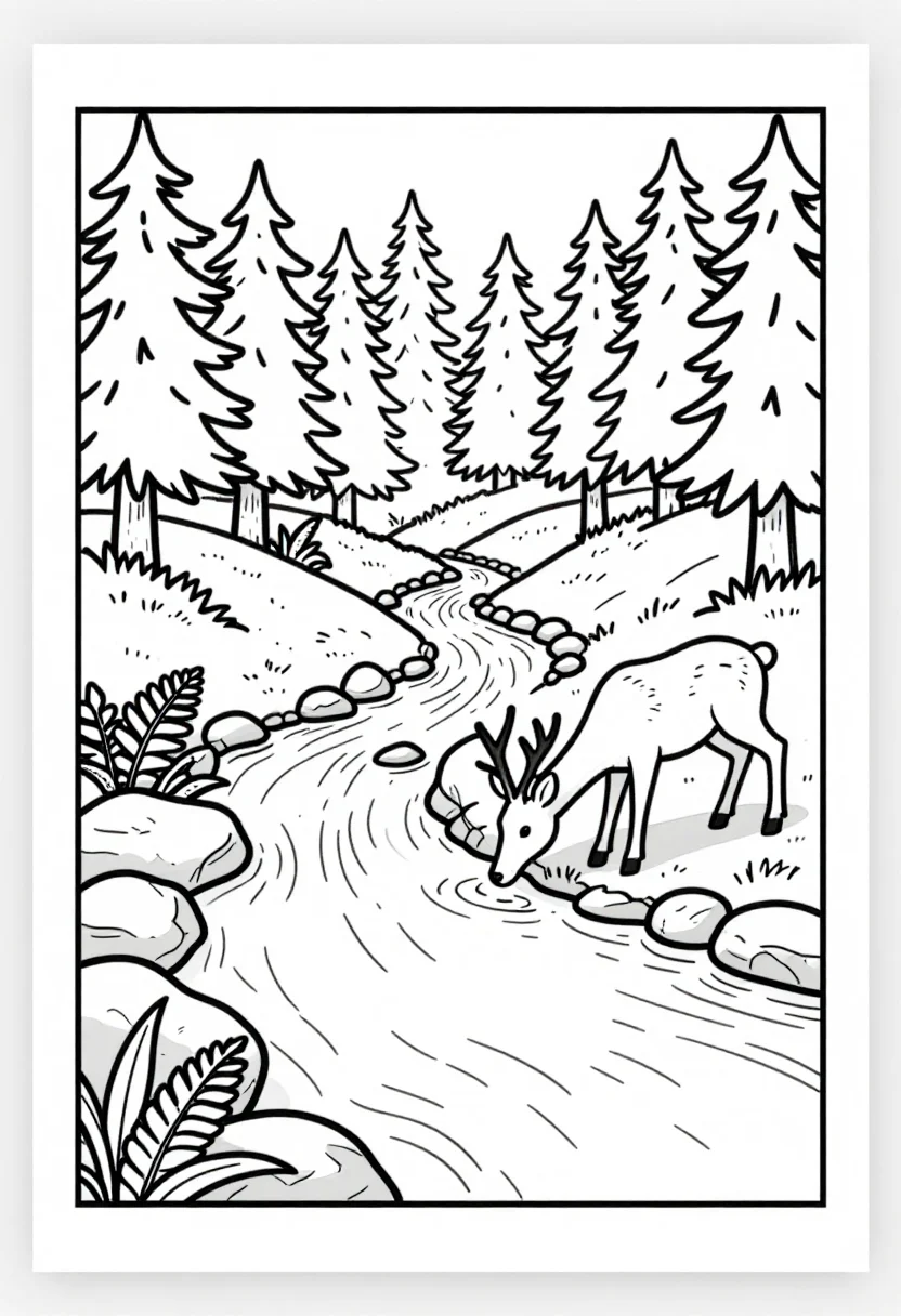 Nature coloring pages — a stream running over stones through a pine forest, ferns along the bank and a deer drinking, medium even black line art with soft flowing contours and open sky and water left calm