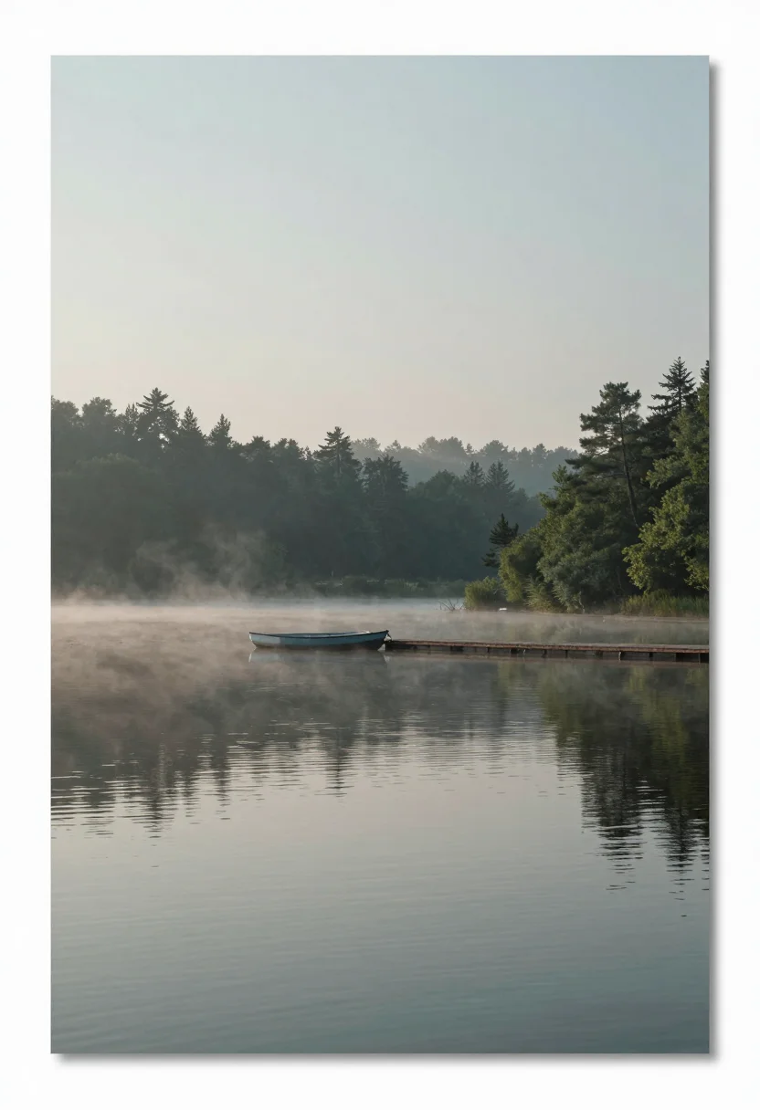 Nature prints — a still lake at first light, mist lying flat on the water, a short jetty with a rowing boat tied at its end, pines fading into the haze beyond, rendered as a fine-art landscape photograph, gentle even light, restrained natural colour and fine sharp detail