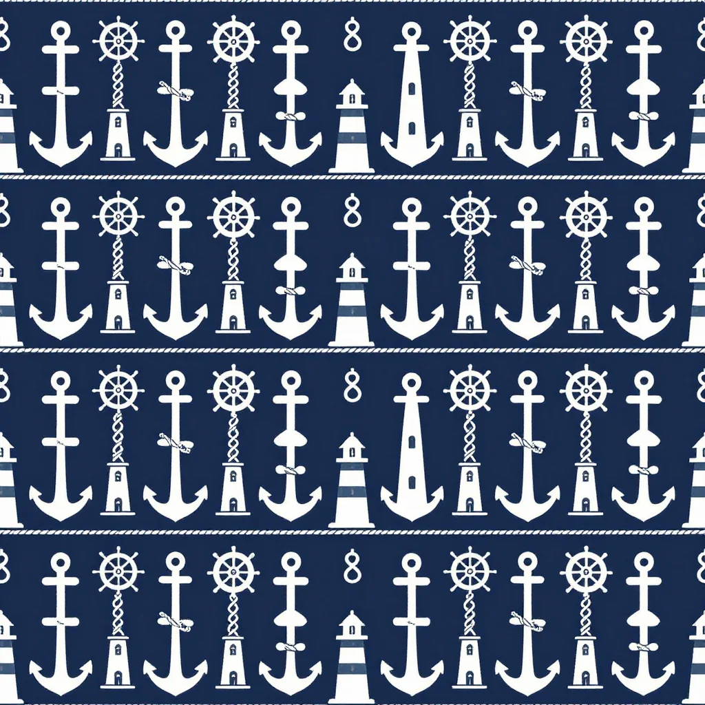 Nautical — Anchors, knots and tiny lighthouses a few millimetres tall in ranked rows on a navy ground, each a clean white silhouette, small rope coils filling the spaces and the rows running true., nautical repeat, anchors wheels knots and lighthouses drawn as clean flat shapes with the rope's lay visible, set in ranks or on a half-drop over a flat marine ground, flat white silhouettes on a deep ground