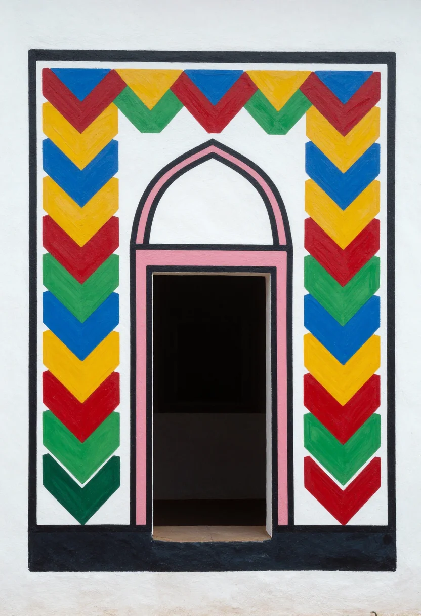 Ndebele — A courtyard wall around a doorway: symmetrical stepped forms and stacked chevrons flanking the opening, a gabled arch above it, every shape drawn in thick black outline and filled flat, the base of the wall a plain dark band., Ndebele mural painting in acrylic on plastered wall, thick black outlines drawn freehand with a feather, flat unshaded fills