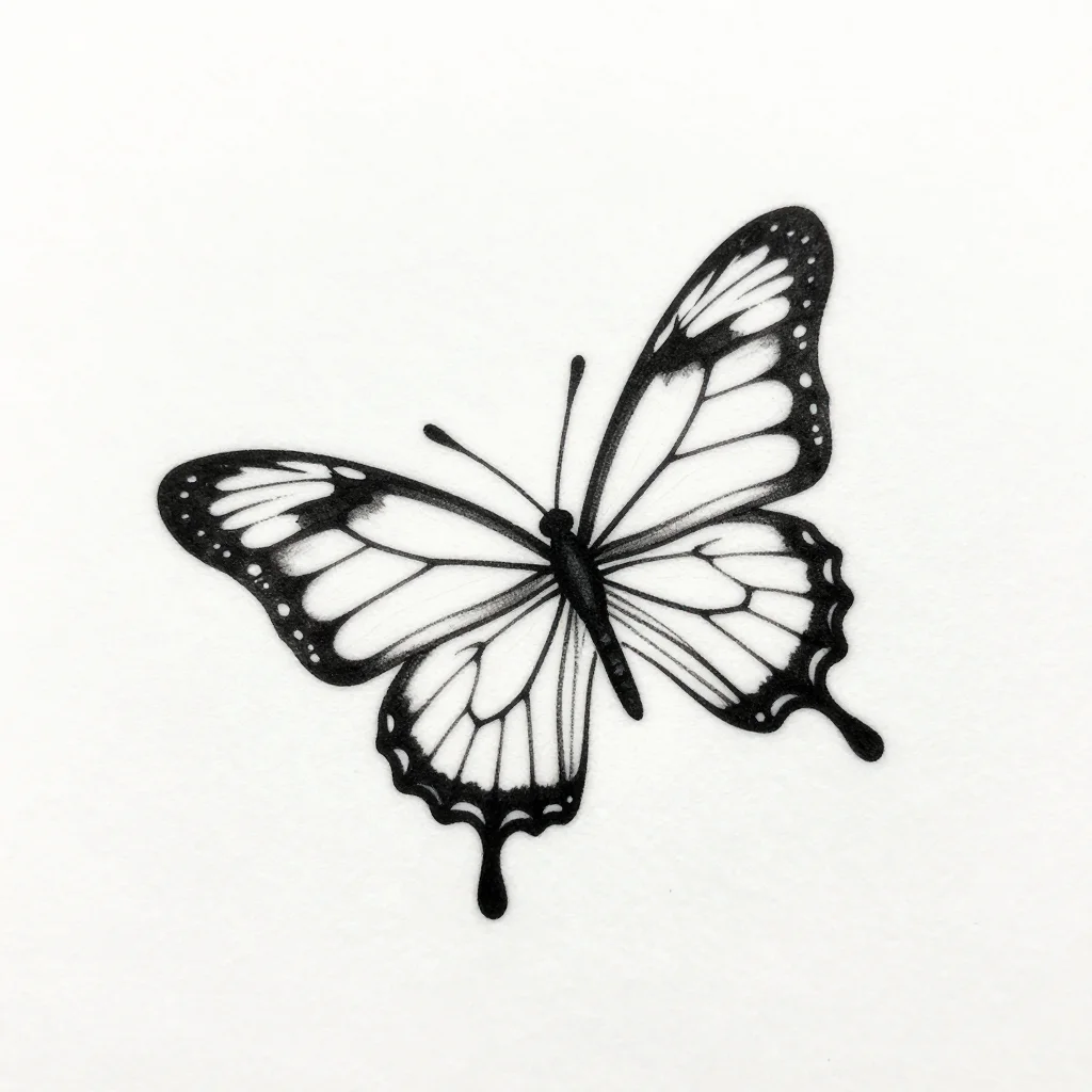 Neck tattoos — a butterfly tilted at an angle as if climbing, one wing slightly raised, fine vein lines in the wings, single-needle fine line work of one even thin weight, the shapes left open and no shading at all