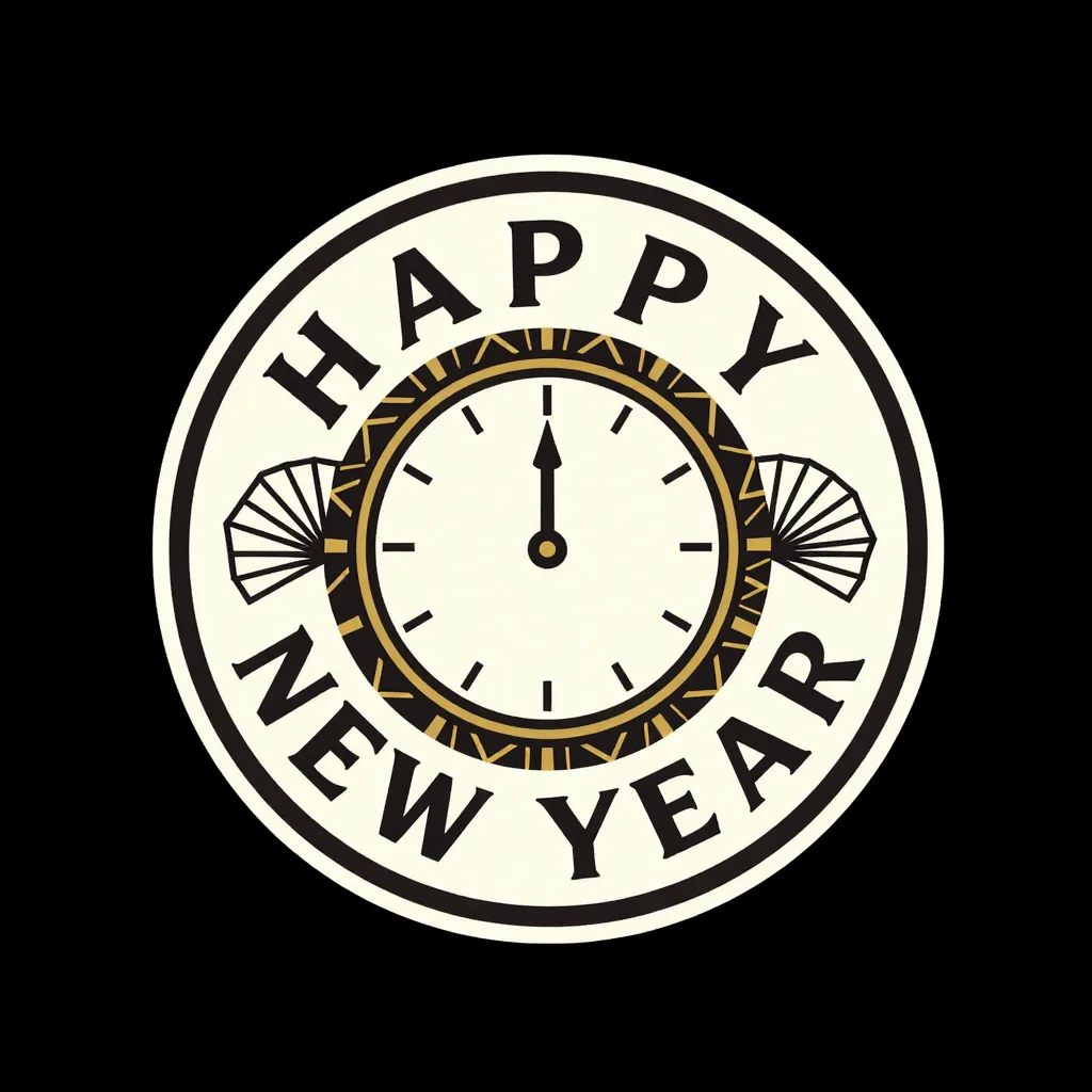 New Year badges — A round badge lettered "HAPPY NEW YEAR" around the rim with a clock at the centre, isolated, art deco illustration, geometric fans and sunbursts, clean lines, no outlines