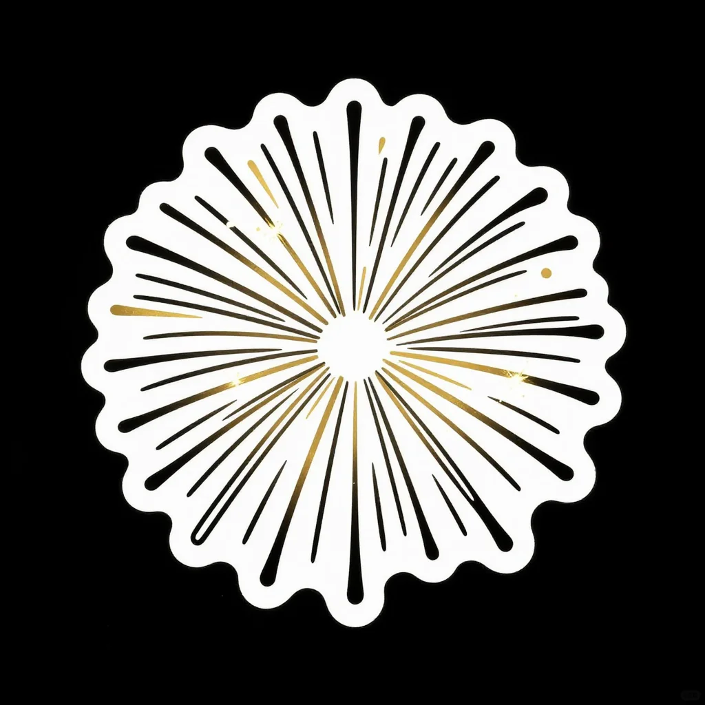 New Year cut files — A firework burst with trailing sparks as one solid cut shape with clean edges, isolated on white, art deco illustration, geometric fans and sunbursts, clean lines, no outlines