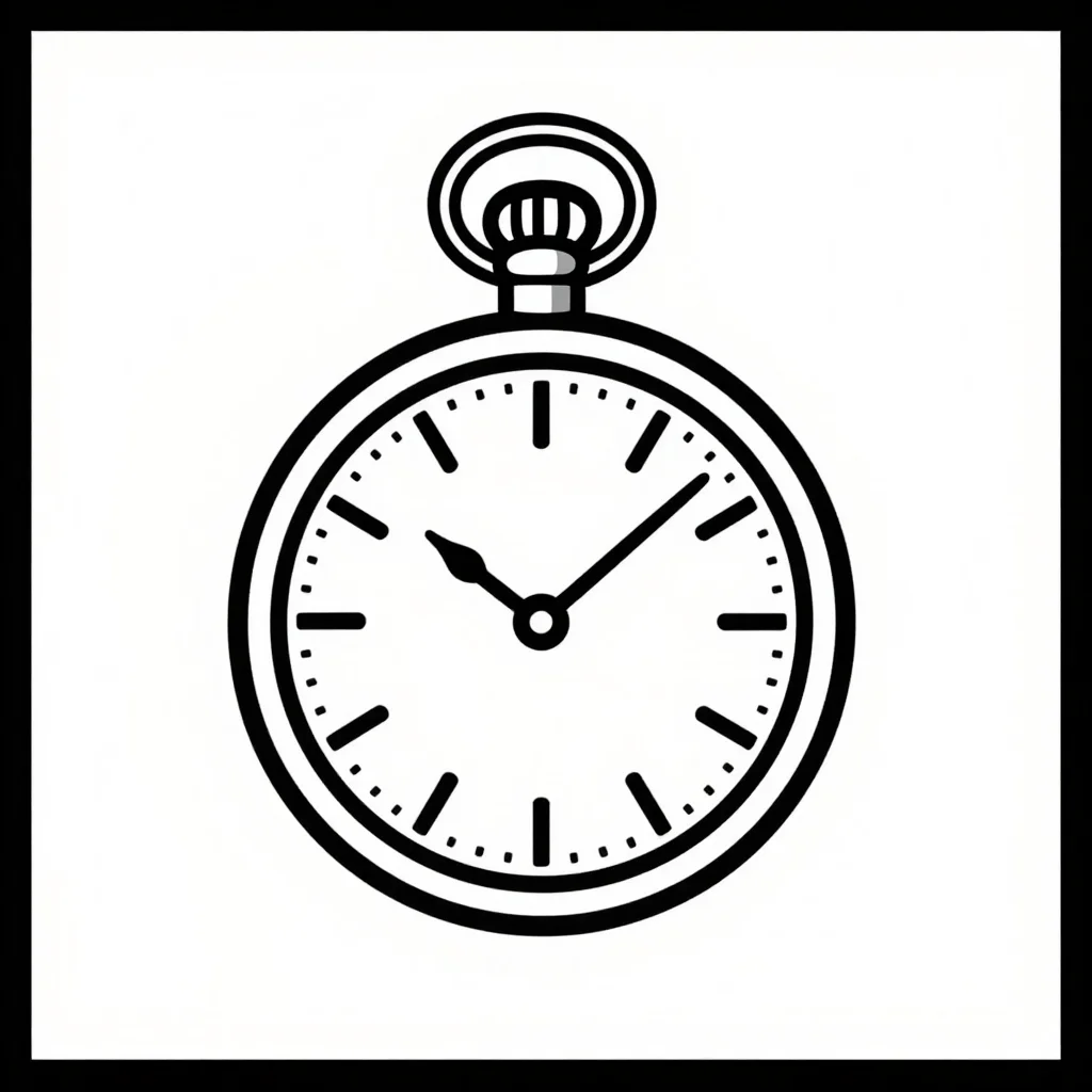 New Year tattoos — A small pocket-watch face at midnight with hour and minute hands, bold single-weight black outline drawing, large open shapes, clean closed line art