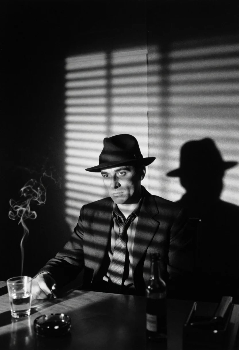 Noir — a man in a fedora and a loosened tie behind a desk in a dark office, venetian-blind shadows striping his face and the wall, a glass and a half-empty bottle, smoke curling from an ashtray through the bright shaft cutting the room, a frosted door with a silhouette behind it, as a black-and-white film still, deep blacks, venetian shadow across everything and fine film grain