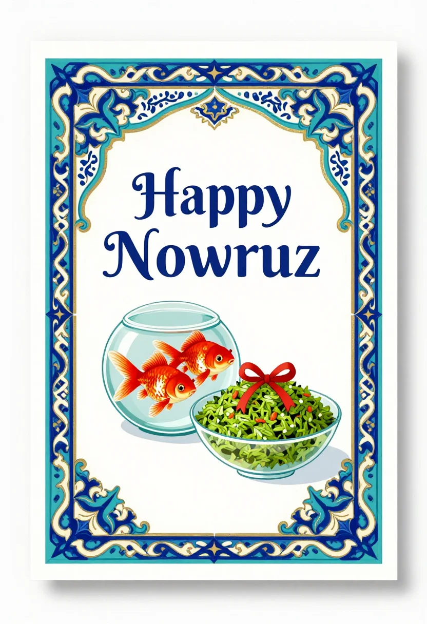 Nowruz cards — a card front with a round glass bowl of two red goldfish beside a dish of green sabzeh tied with a red ribbon, the greeting "Happy Nowruz" lettered above, Persian glazed-tile ornament, fine arabesque border and star motifs, crisp vector linework