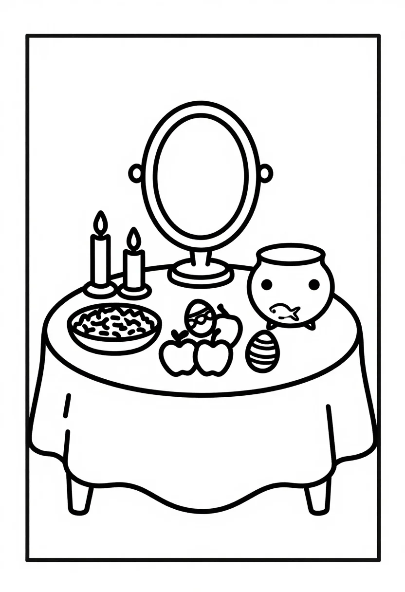 Nowruz coloring pages — a haft-sin table spread with a cloth, a mirror, candles, a goldfish bowl, a dish of sprouted sabzeh, apples and painted eggs, bold uniform black outlines, simplified shapes and large open areas a six-year-old can color inside