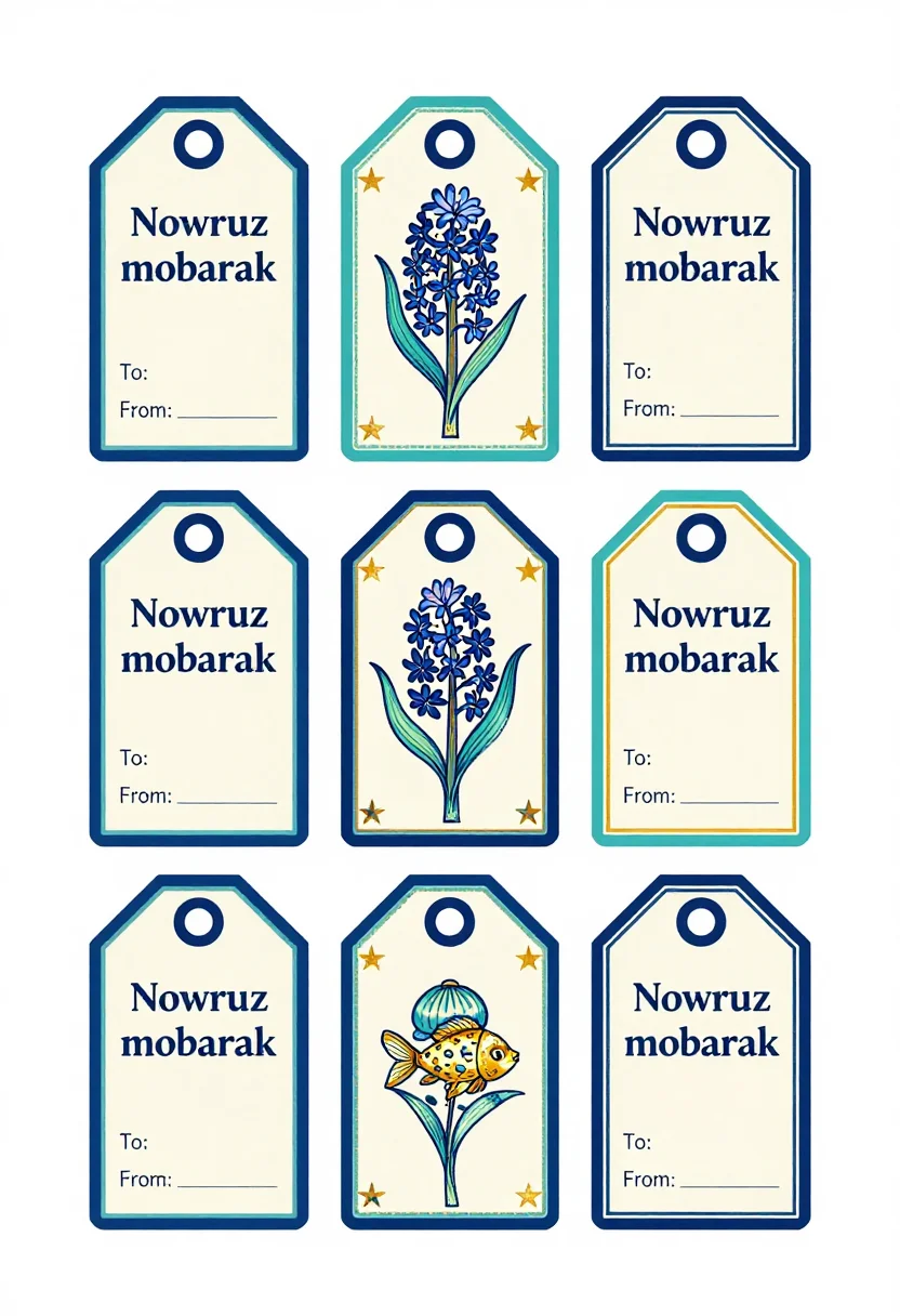 Nowruz gift tags — a 2x3 grid of gift tags, each with a punch hole and a goldfish, hyacinth or sabzeh motif, lettered "Nowruz Mobarak" with empty lines after "To:" and "From:", Persian glazed-tile ornament, fine arabesque borders and star motifs, crisp vector linework