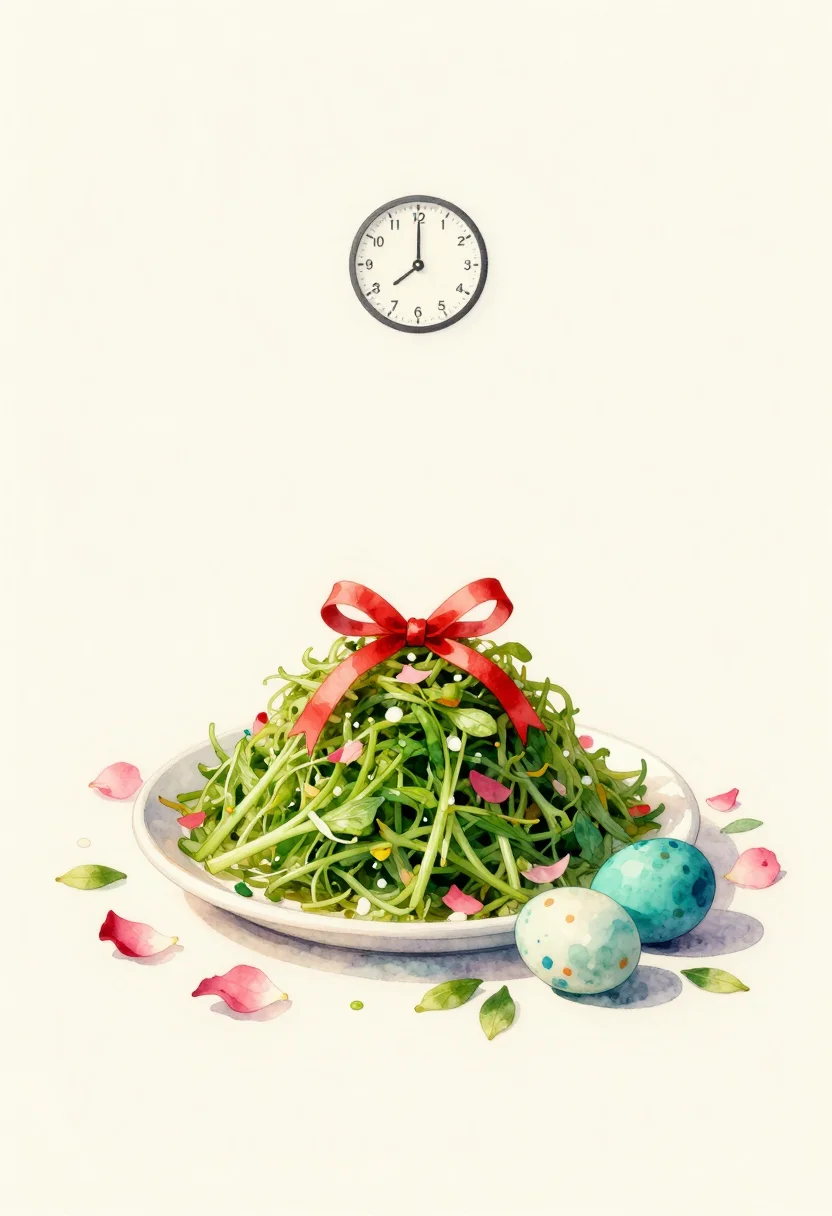 Nowruz phone wallpapers — a dish of tall green sabzeh tied with a red ribbon, a few painted eggs and petals around it, set low in the frame, soft watercolor wash with visible paper grain, loose wet edges and gentle bleeds of pigment