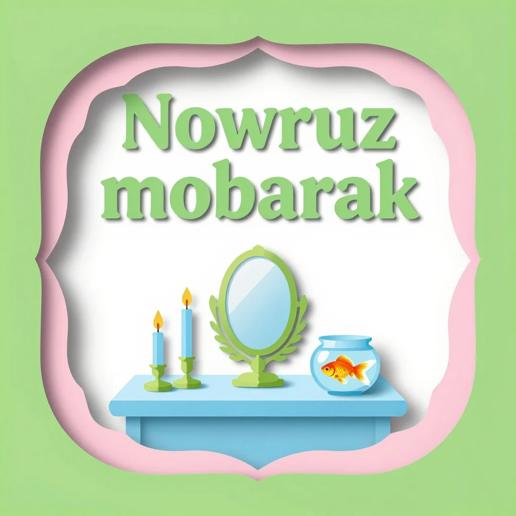 Nowruz social posts — a haft-sin table seen from the front with a mirror, candles and a goldfish bowl, the words "Nowruz Mobarak" lettered above, layered paper-cut shapes with soft shadows between the layers, hard clean edges