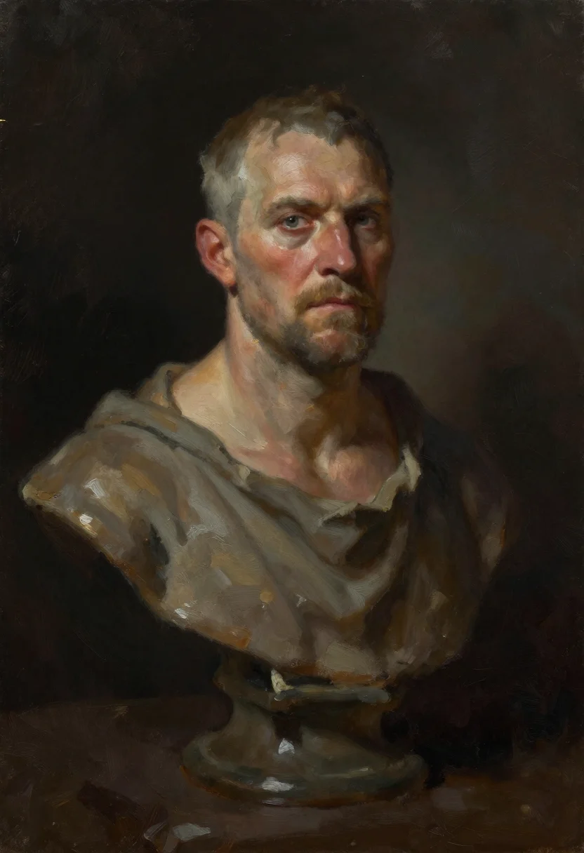 NPC portraits — a grizzled innkeeper with a white scar across one brow, sleeves rolled over thick forearms and a rag over the shoulder, a painted-realism oil bust, loose visible brushwork and edges softening into the dark ground