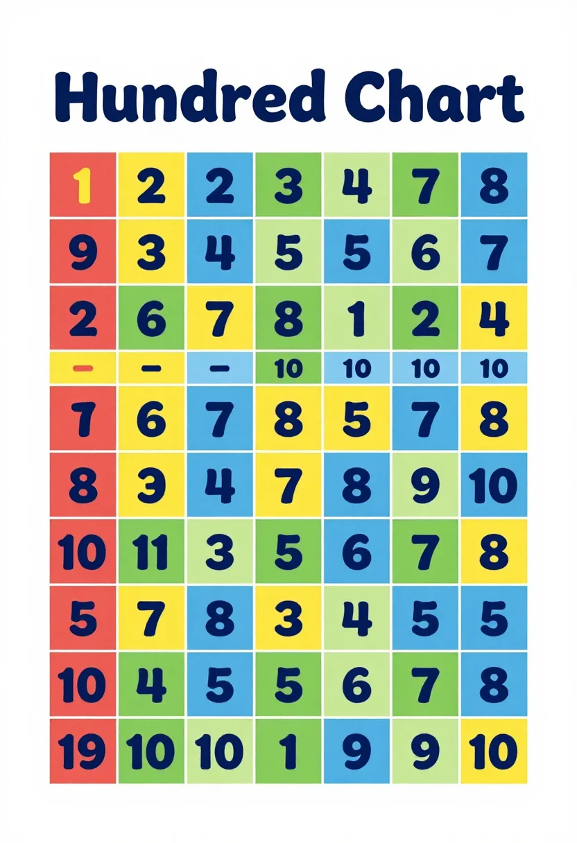 Number charts — a ten by ten grid numbered 1 to 100 in clear print, every row of ten in its own soft colour and the multiples of ten in bold, titled "Hundred Chart", a cheerful flat vector school poster, bold clean shapes, thick rounded sans-serif lettering, a crisp even layout and smooth gradient-free fills