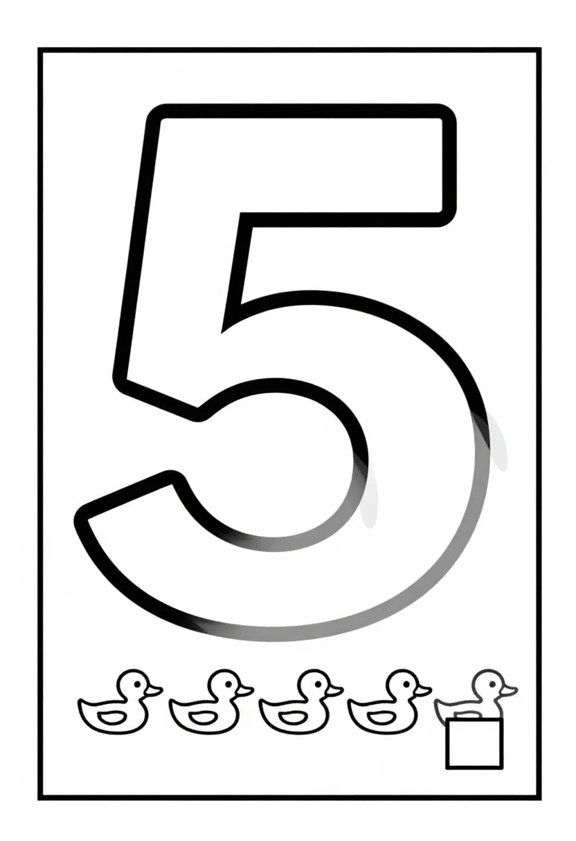 Number coloring pages — a large outline number "5" beside five ducks swimming in a row, a small empty box under each duck to tick, thick black outline, big plain shapes, made for preschoolers