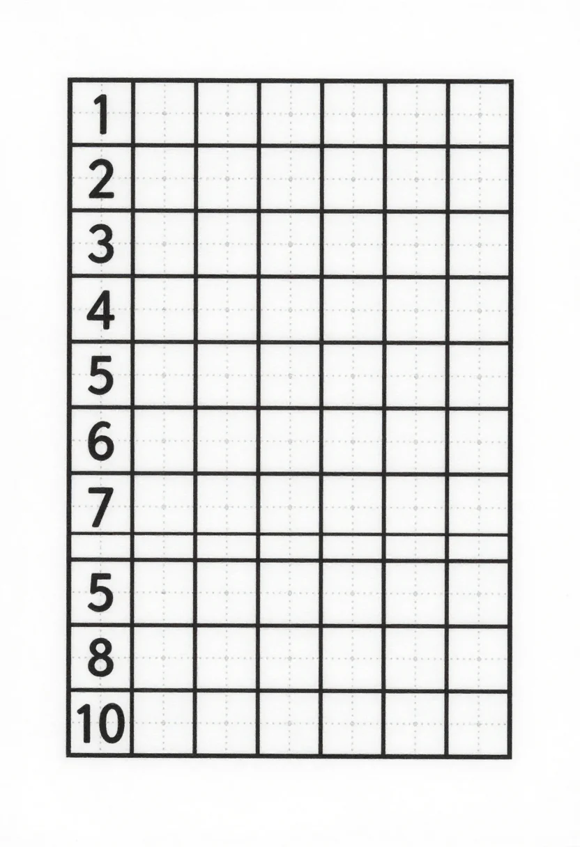 Number writing sheets — a number writing sheet with a ten-by-ten hundred grid, some squares already printed from "1" to "100" and the rest left blank to fill in, crisp black printer-ink worksheet, clear ruled boxes, a printed number grid and light dotted prompts, bold clean outlined drawings, uniform line weight, no gray tones