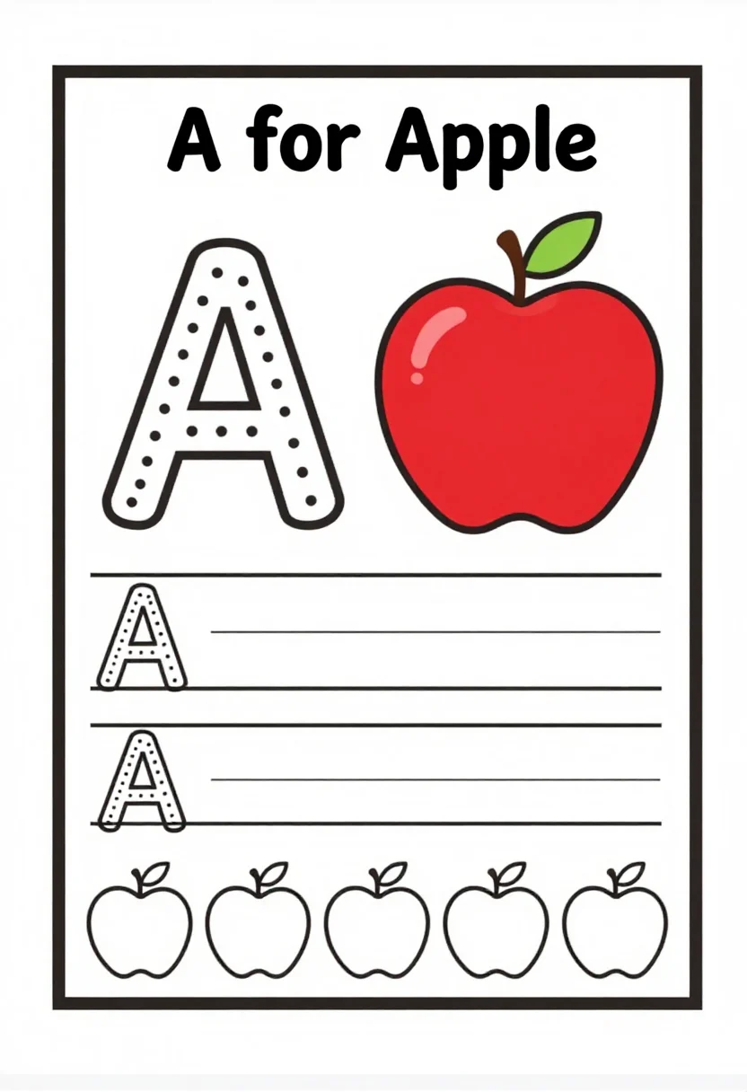 Nursery worksheets — a nursery worksheet headed "A for Apple" with a large red apple, a big dotted capital "A" to trace three times on wide lines, and a row of small apples to colour, a plain black line worksheet, thick clean rounded lines and simple outline pictures, nothing decorative
