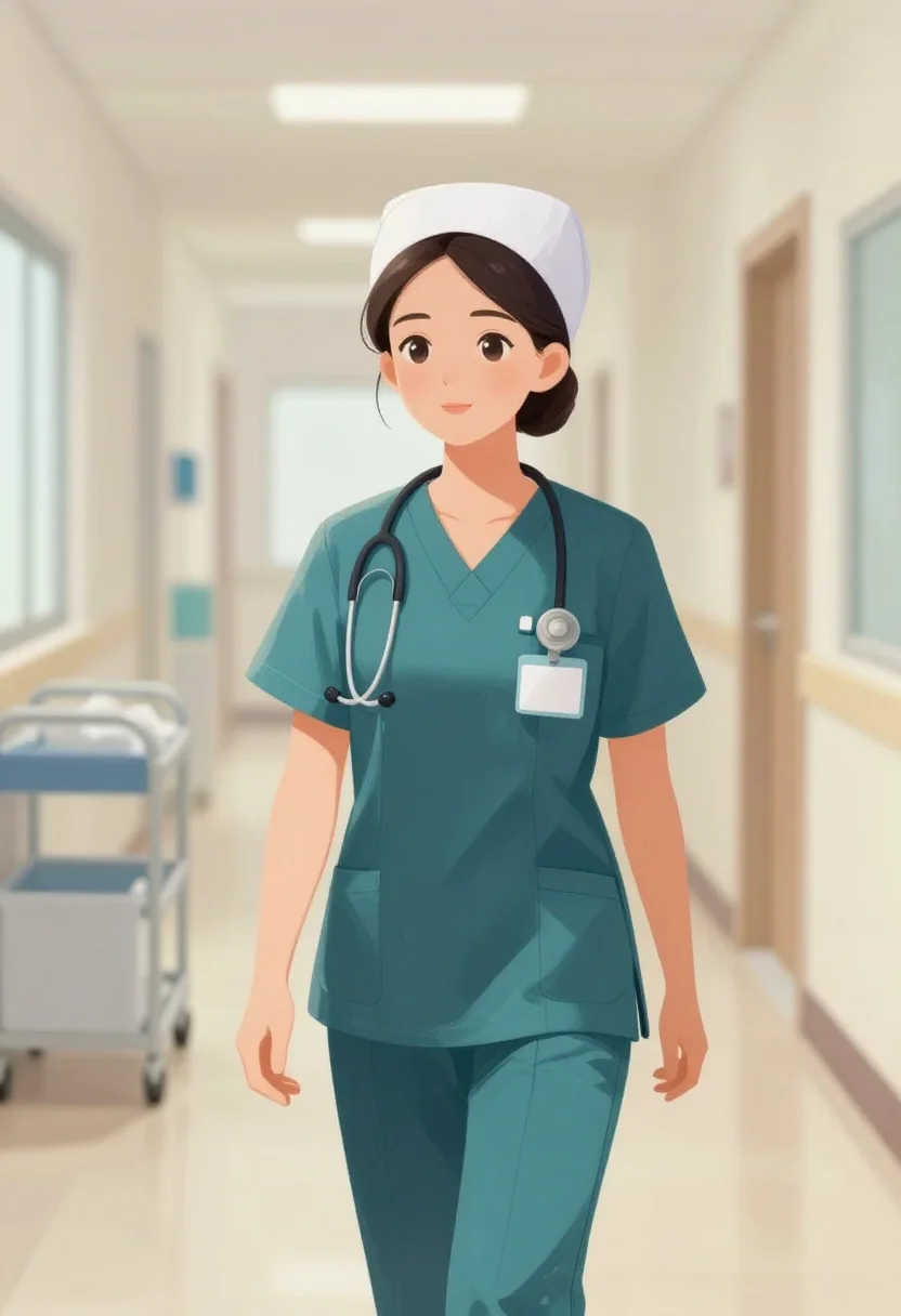 Nurses — a nurse in navy scrubs with a blank badge clipped at the chest and a stethoscope over one shoulder, standing easy in a bright ward corridor with a supply trolley behind, a warm painted illustration with soft brushwork, gently blended edges and a lightly textured surface