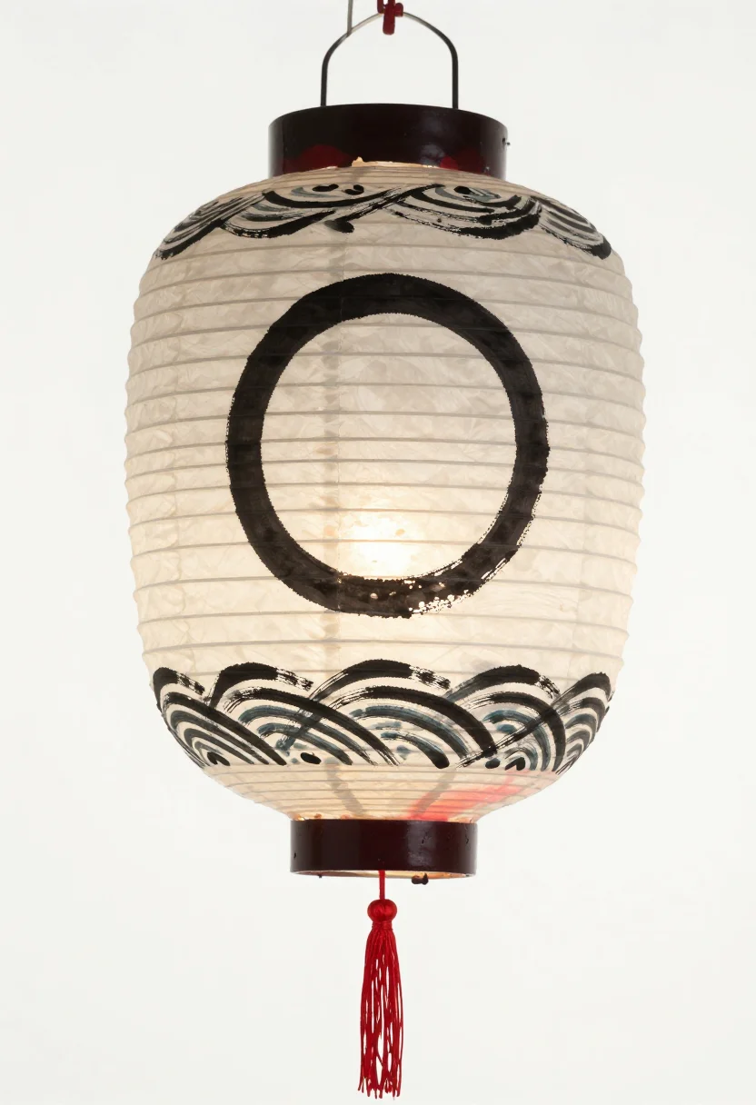 Obon lantern designs — a round paper chōchin lantern hung from a cord, its ribbed paper painted with a large single family-crest circle and a band of waves, a red tassel beneath, sumi-e brush painting, bold black brush strokes with a few washes, loose ink and visible brush texture